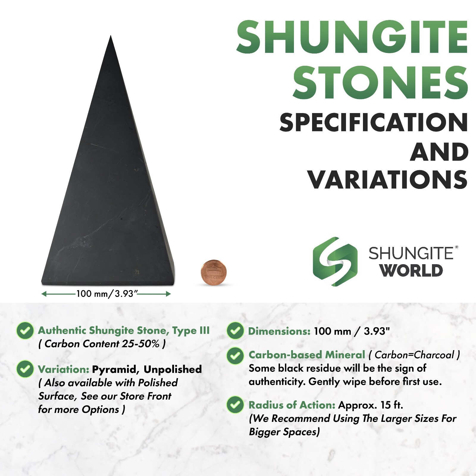 Shungite World Shungite Pyramid Tall – 100 mm / 3.93″ ( Polished or Unpolished )