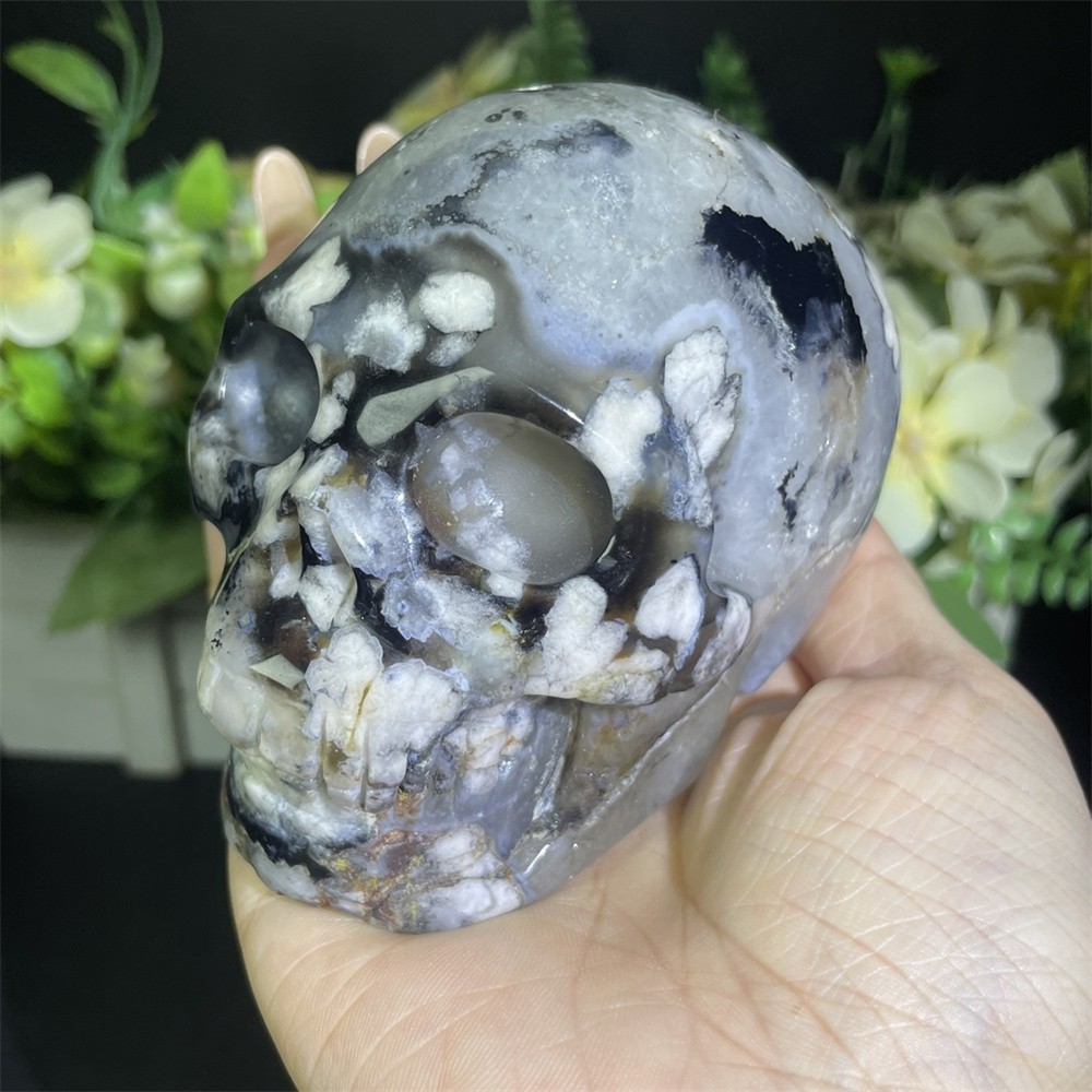1.6LB 3.5″ Black Flower Agate Skull Carved Crystal Quartz Decor Reiki Gift