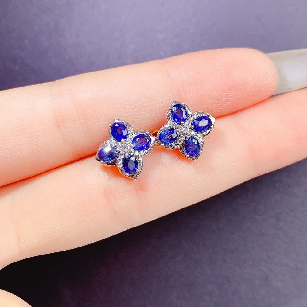 Natural sapphire Stud Earrings Gemstone Jewelry S925 Silver Plated18K Gold Gift