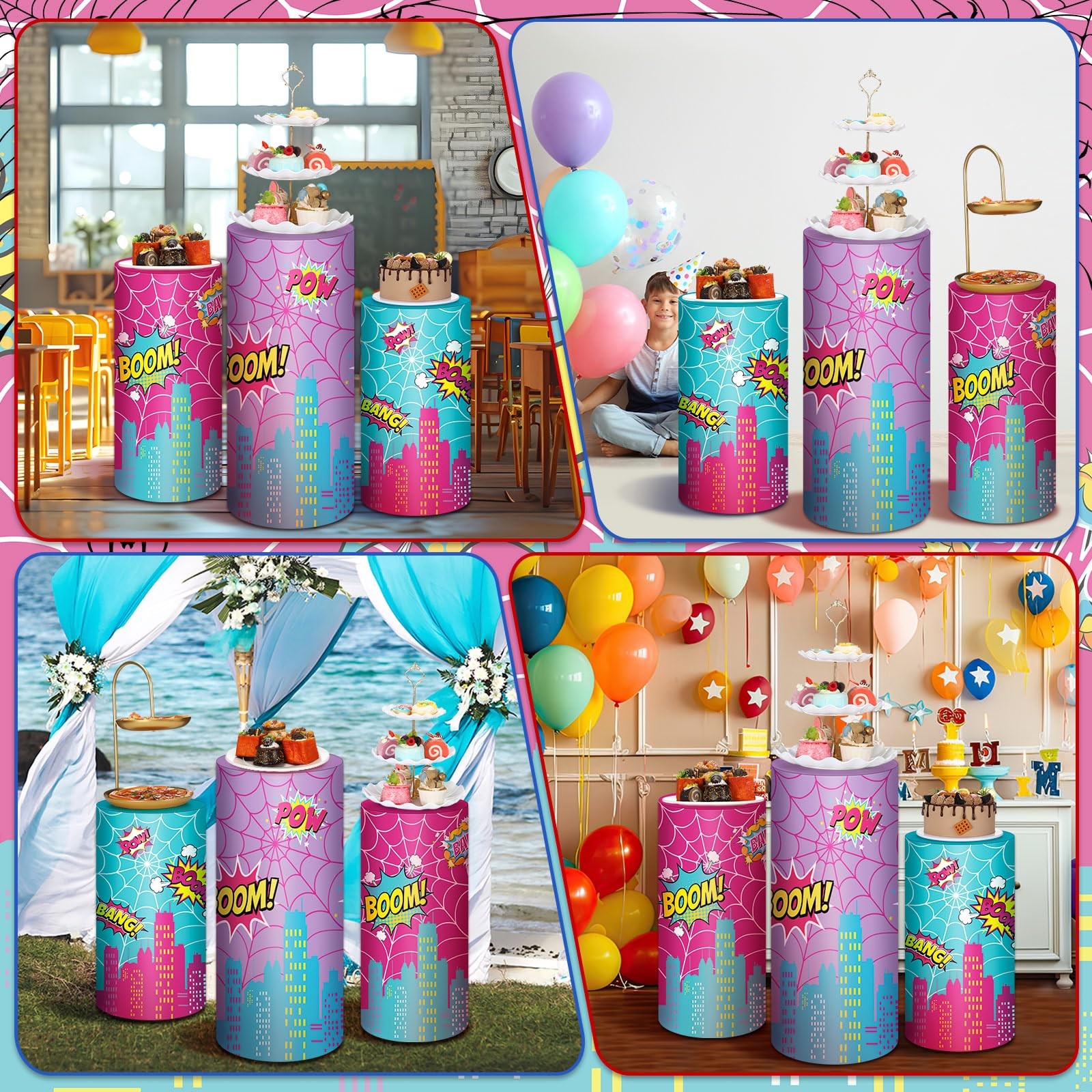3 Pcs Spider Theme Cylinder Pedestal Stand Covers City Hero Theme Party Suppl…