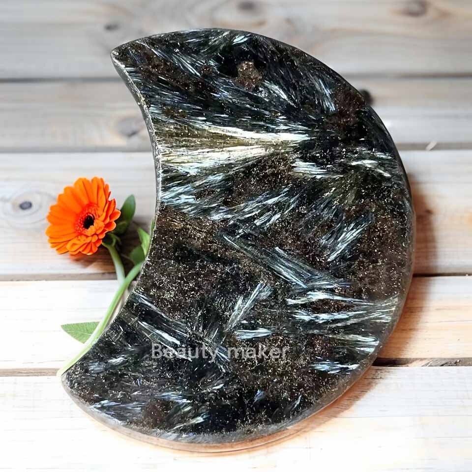 Natural Moon Arfvedsonite Fireworks Quartz Carving Reiki Mineral Home Decoration
