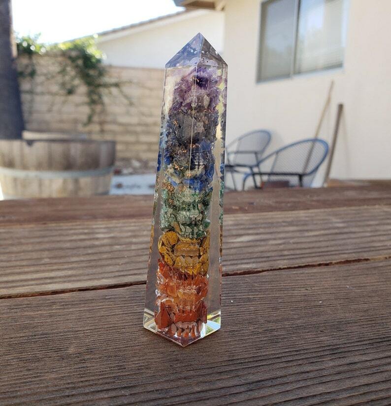 ORGONE 7 CHAKRA LAYERED TOWER GEMSTONE ORGONITE (ONE)