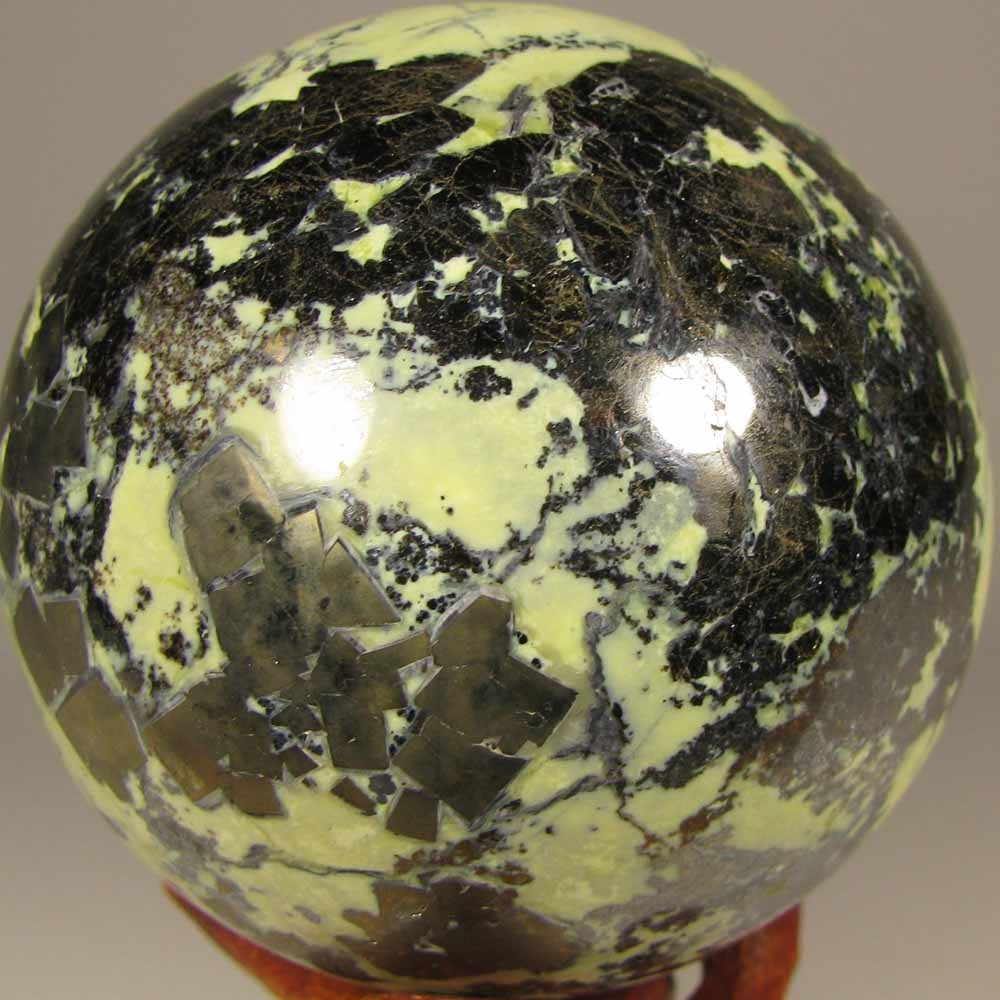 2.2″ SERPENTINE w/ PYRITE Polished Crystal Sphere Ball w/ Stand – Peru – 57mm