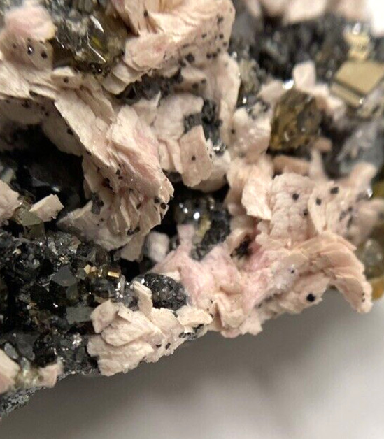 Rhodochrosite Pale Pink and Sphalerite Gem Golden and Black Crystals on Matrix