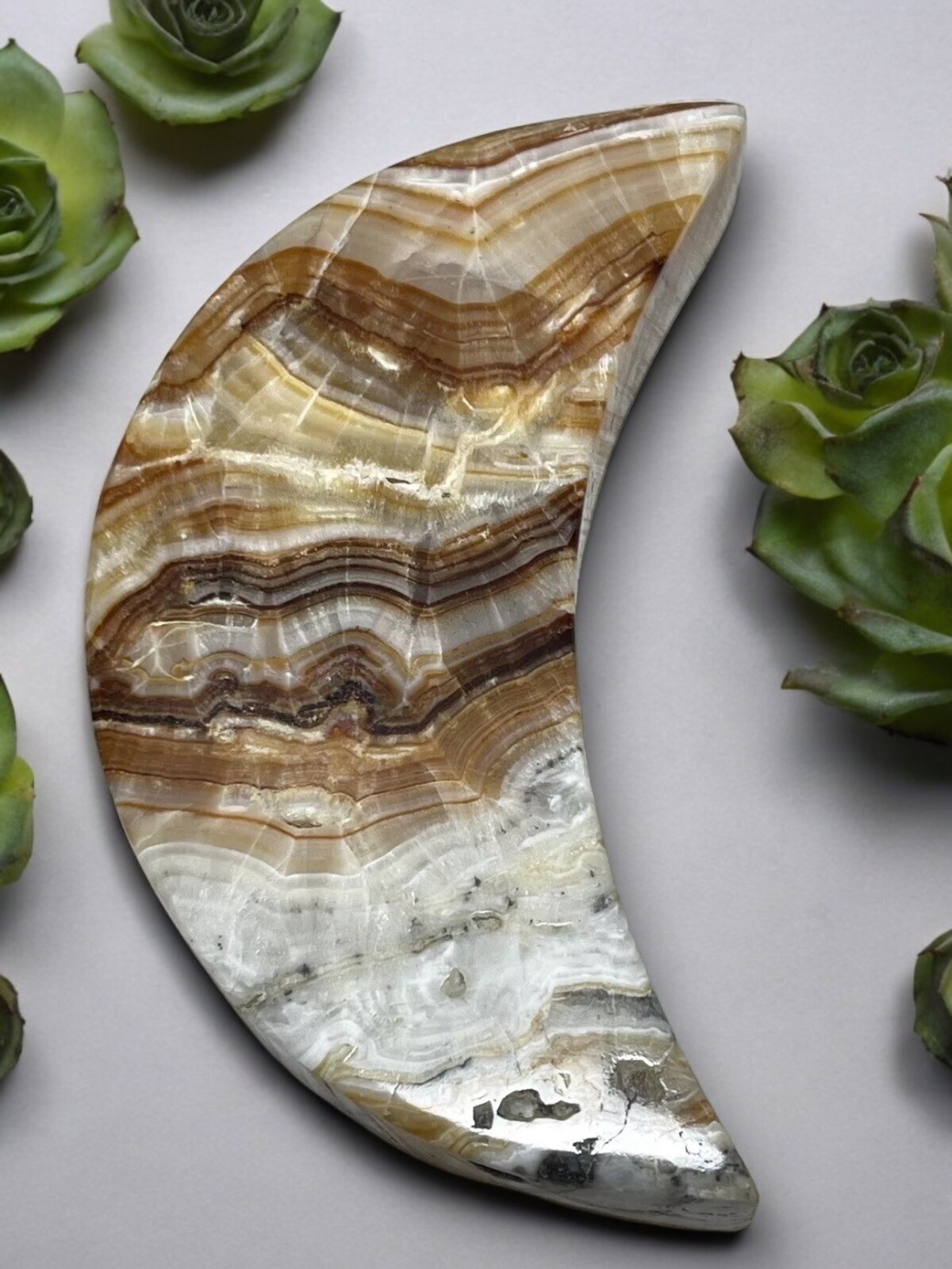 BANDED ONYX MOON – Mineral Calcite Carving Lunar Crystal Witch Stone Brown White