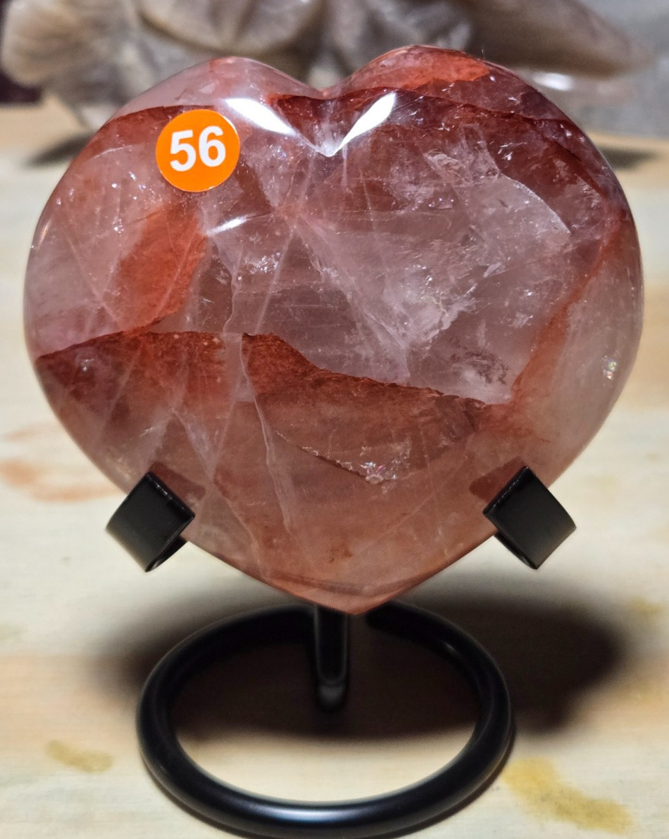 BEAUTIFUL Chunky Fire Quartz Heart w. rainbows! w/Holder ~3x3in 4in w/stand O56