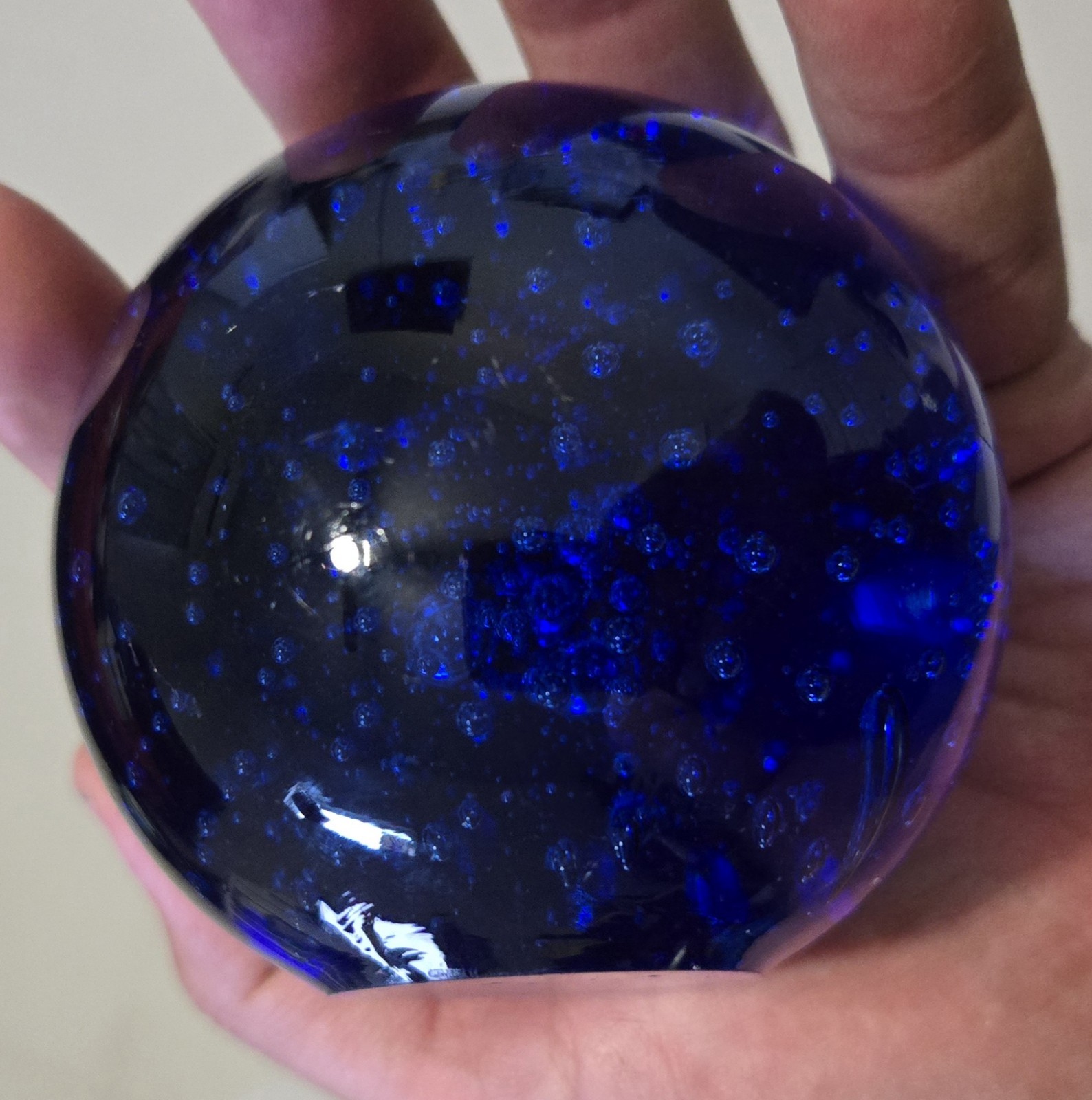 COBALT BLUE CRYSTAL GLASS BALL with BRASS STAND Fortune SPHERE Bubbles