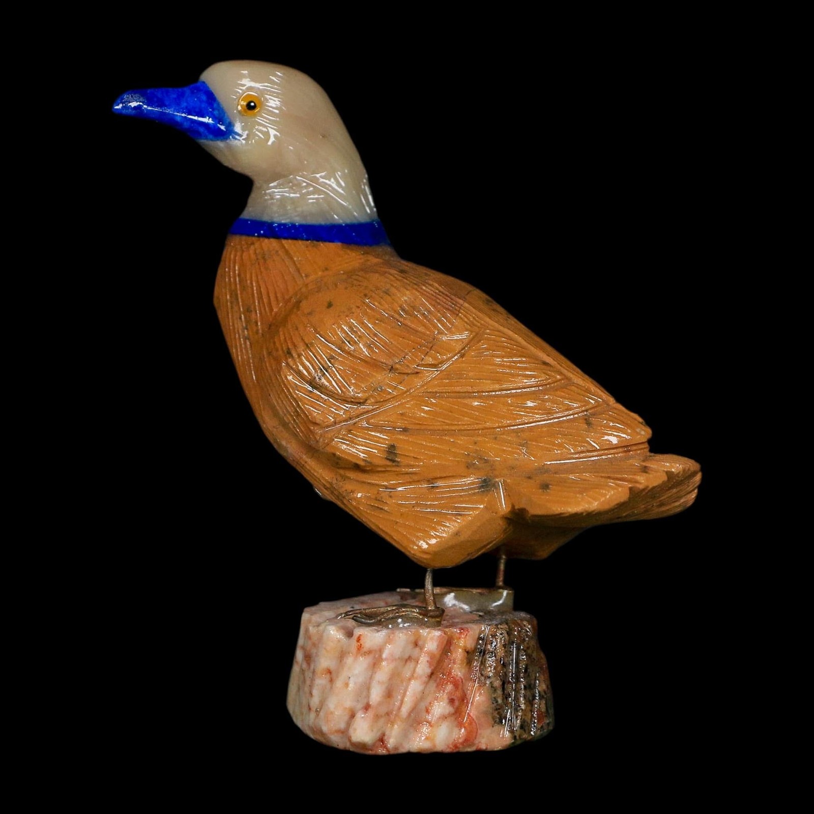 3.5″ Hand Carved Duck Perched on Red White Calcite, Brown Calcite, And Sodalite