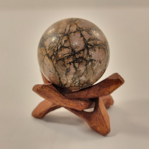 Rhodonite Sphere Polished Rock Pink Gemstone With Wooden Tripod Stand