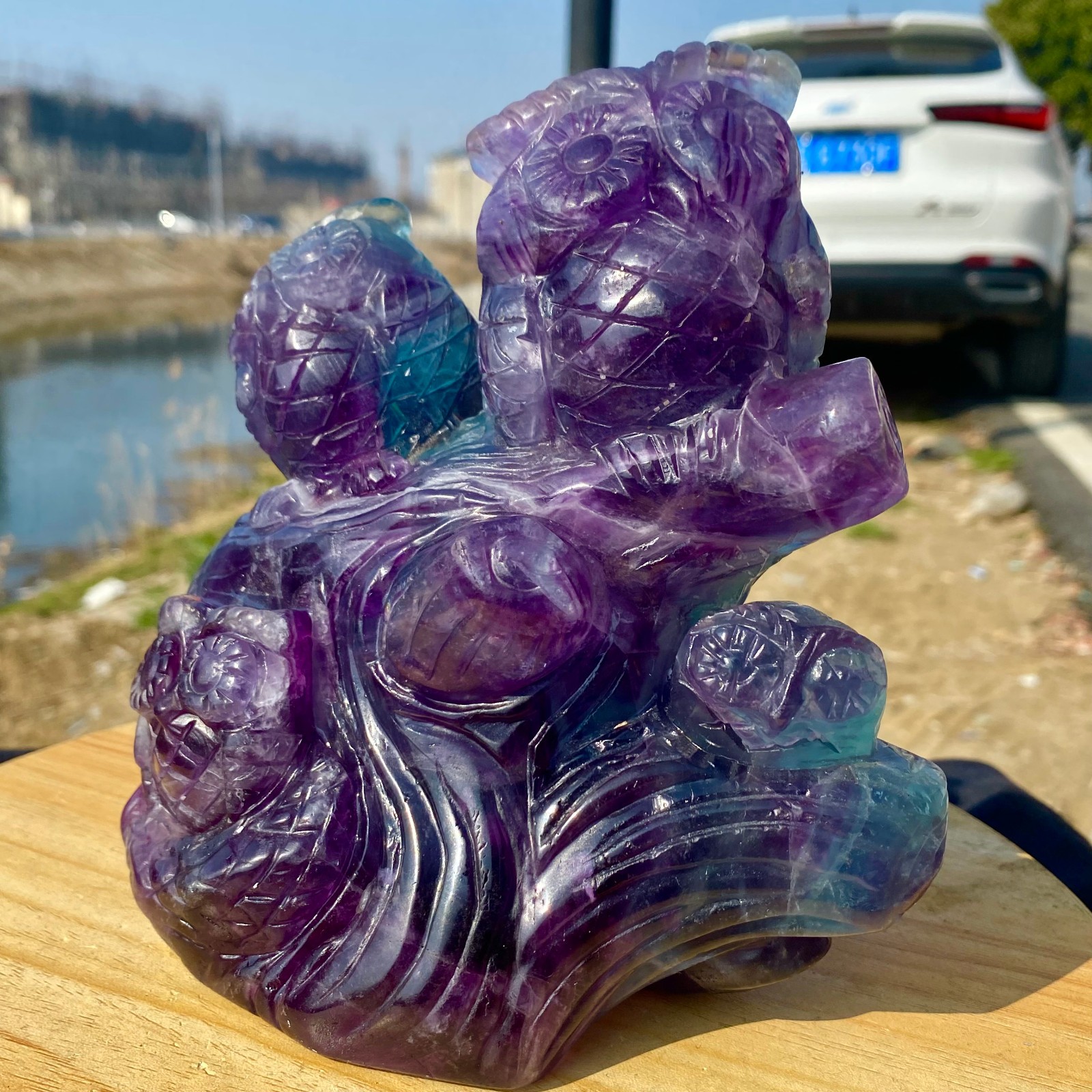 5.62LB Natural Fluorite Quartz Owl Sculpture Hand Carved Crystal Reiki Energy