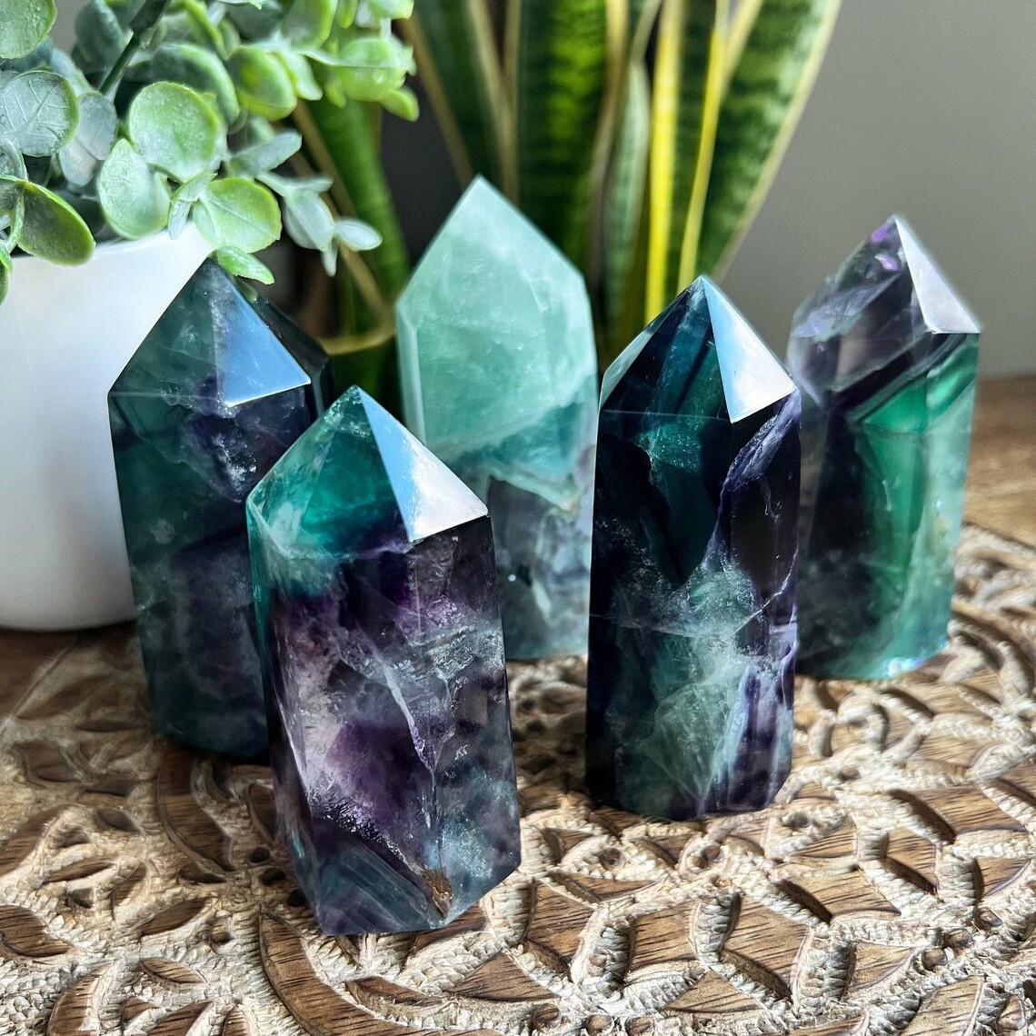 Natural Rainbow Fluorite Tower Obelisk Healing Crystal Wand Home Decoration