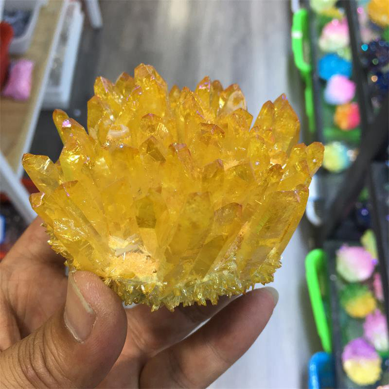 Natural Angel Aura Yellow Energy Titanium Stone Quartz Crystal Cluster Specimen