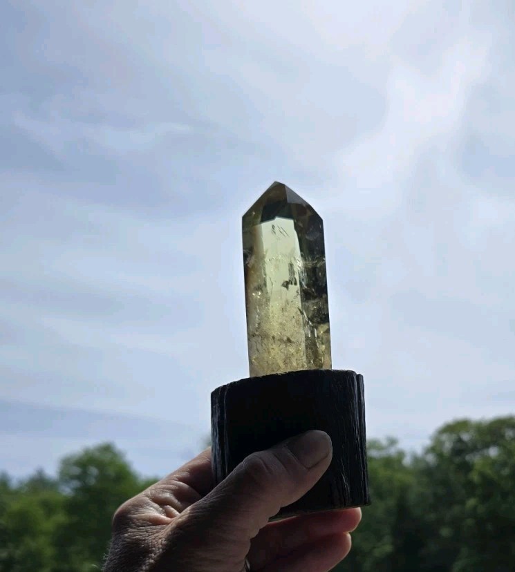 Large Natural Citrine Tower Point with Golden Inclusions on Wood Stand