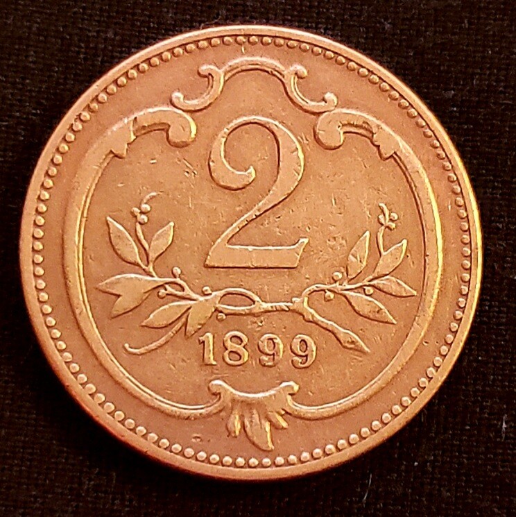 1899 AUSTRIA 2 HELLER COIN, Bronze, KM #2801