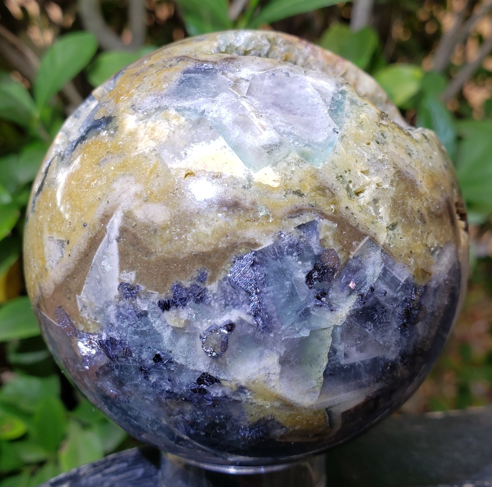 3″ Fluorite Root Crystal Sphere Orb Ball STRONG UV Mineral Druzy, 764g or 1.7 lb