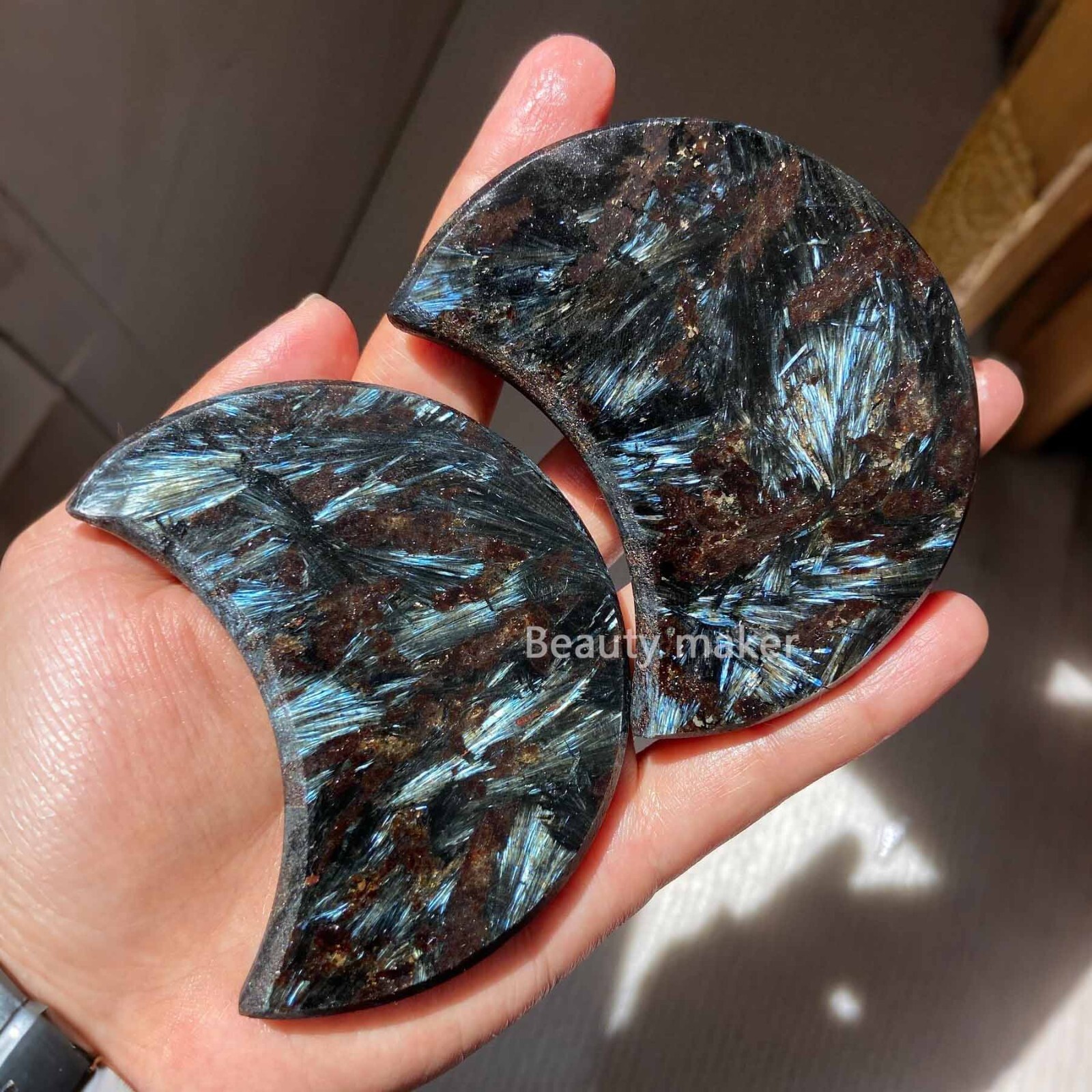 Natural Moon Arfvedsonite Fireworks Quartz Carving Reiki Mineral Home Decoration