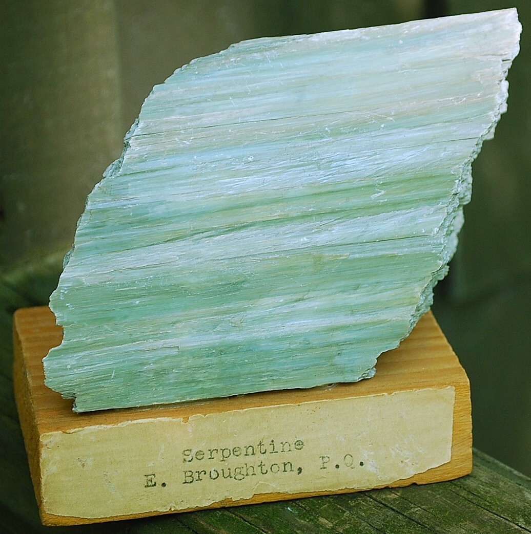 Natural GREEN SERPENTINE STONE Mineral MUSEUM NMBR SPECIMEN Quebec MOUNTED 4.25″