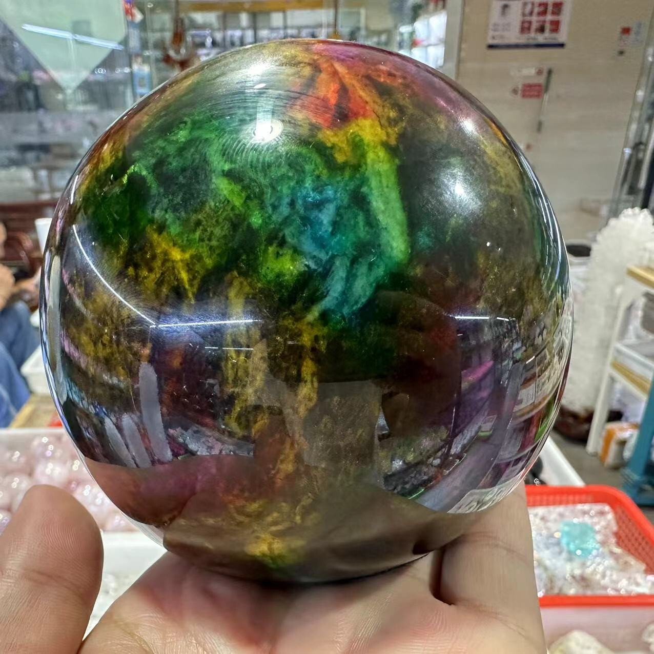 Natural “Seven Colors Jade” sphere quartz polished ball decor gift+stand 3.9LB+