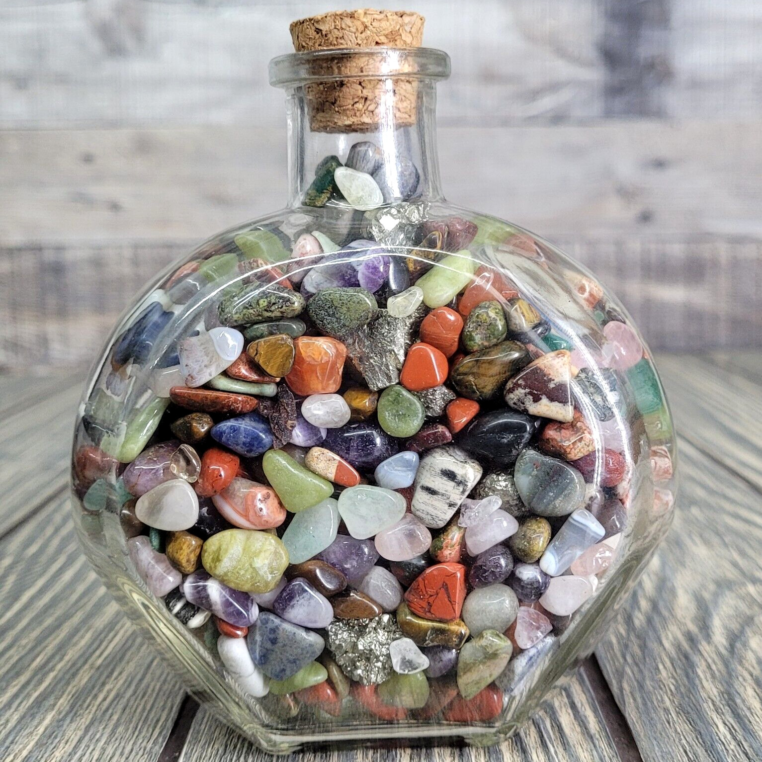 1.25 Lbs Mixed Crystals in Vintage Apothecary Glass Jar Bottle Small Tumbles