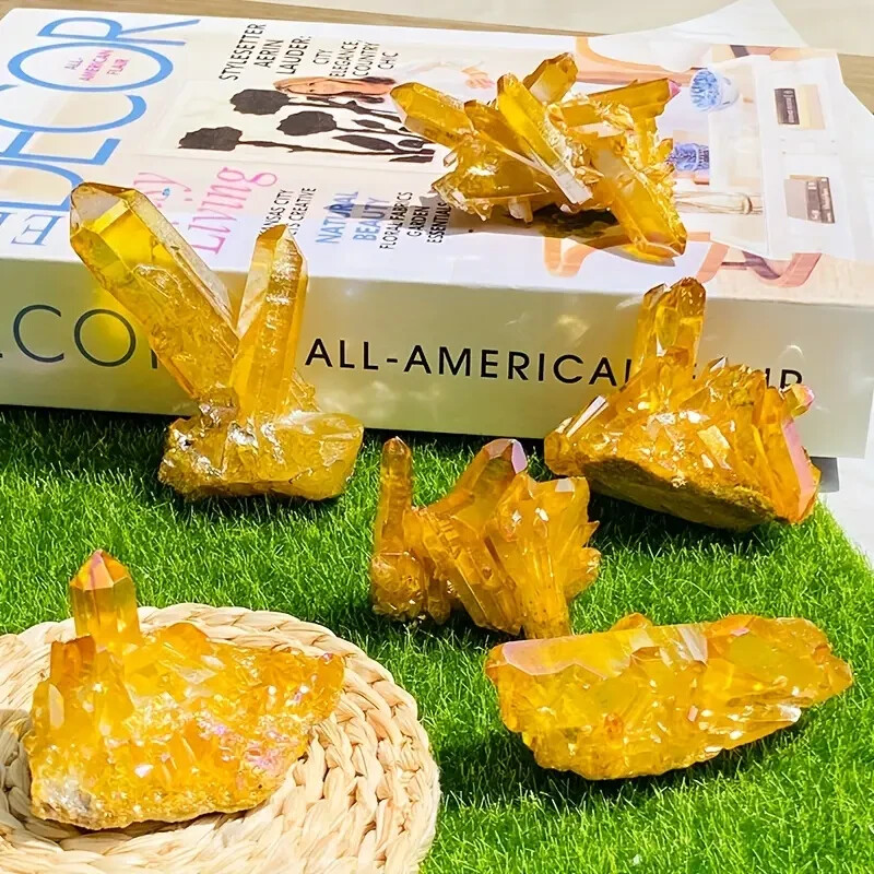 Natural Aura Yellow Citrine Crystal Titanium Cluster Healing Mineral Specimen