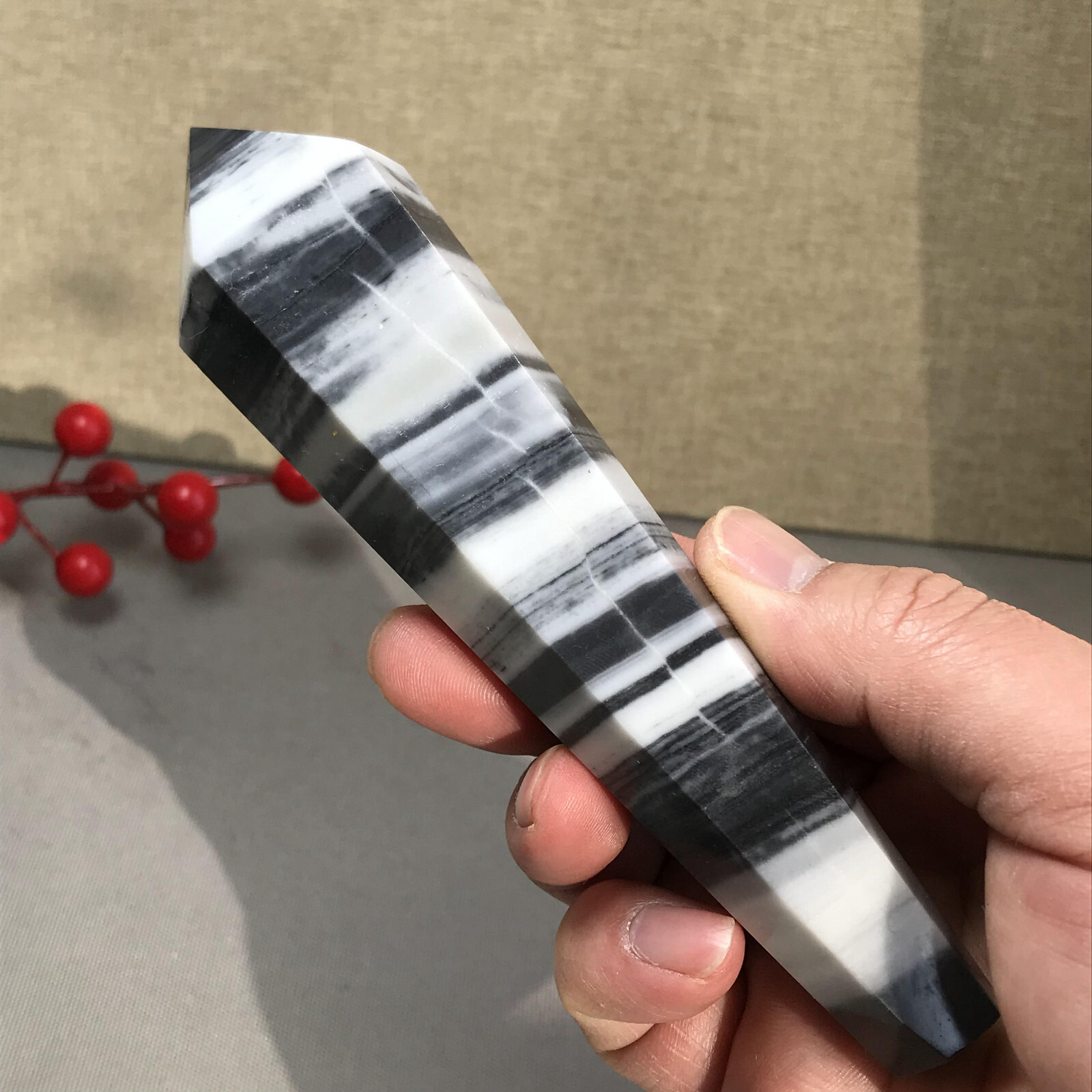 151mm Long Natural Taiji Stone stripe wand Obelisk Crystal specimens 255g A5779