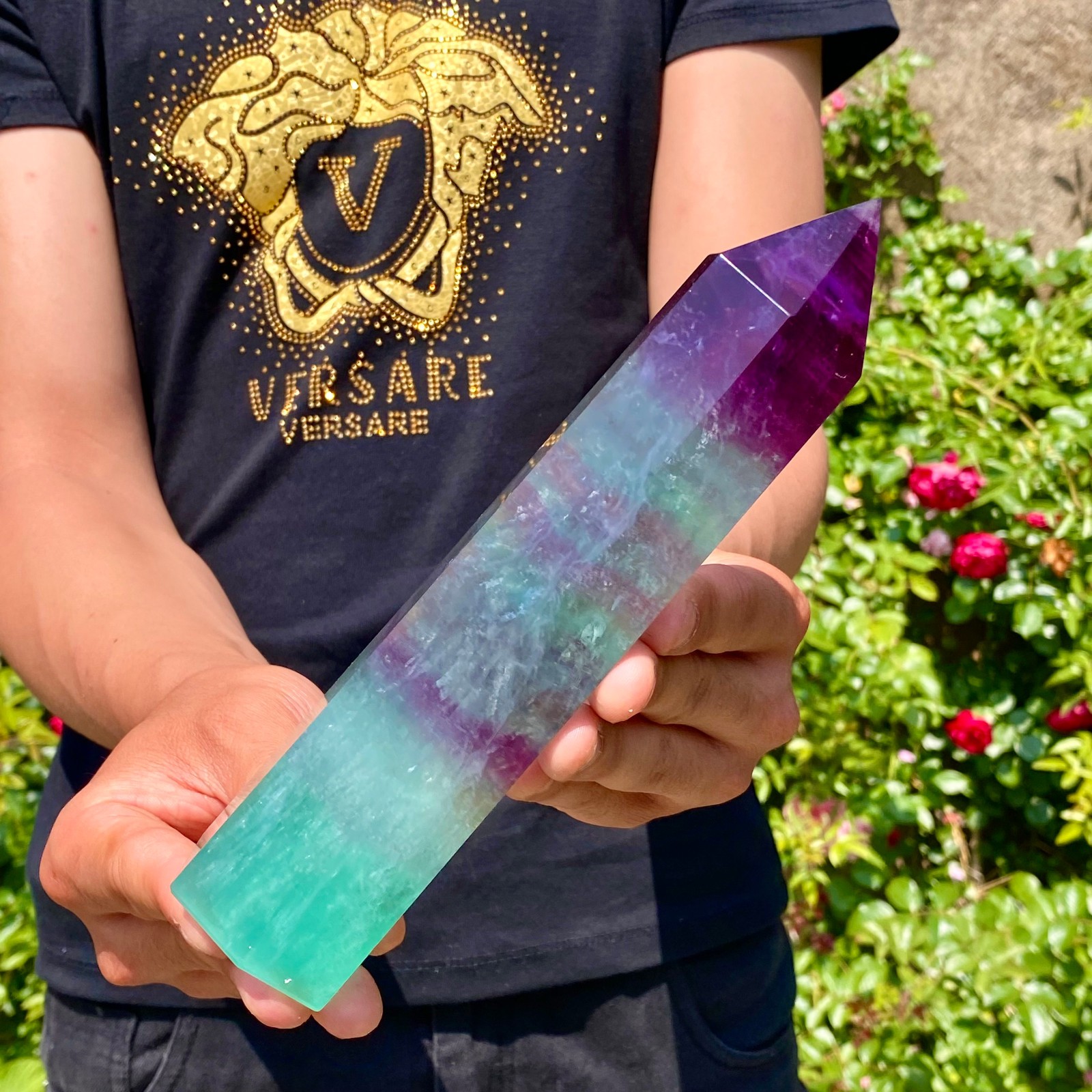 1.8LB Natural rainbow fluorite obelisk quartz crystal wand point Gem Healing
