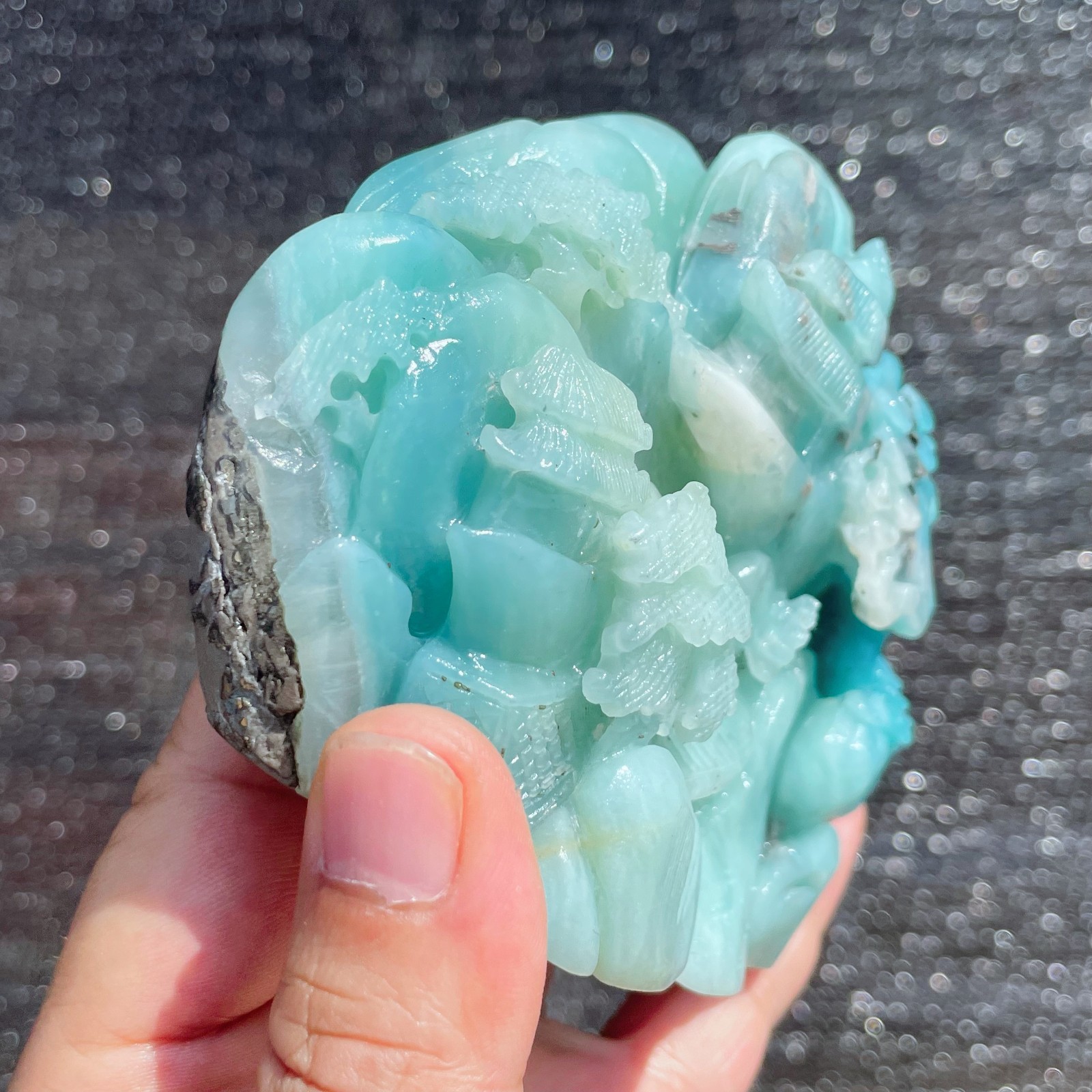 Natural Amazonite Quartz Crystal Hand-Carved Mountain Scenery Sculpture 1.6LB