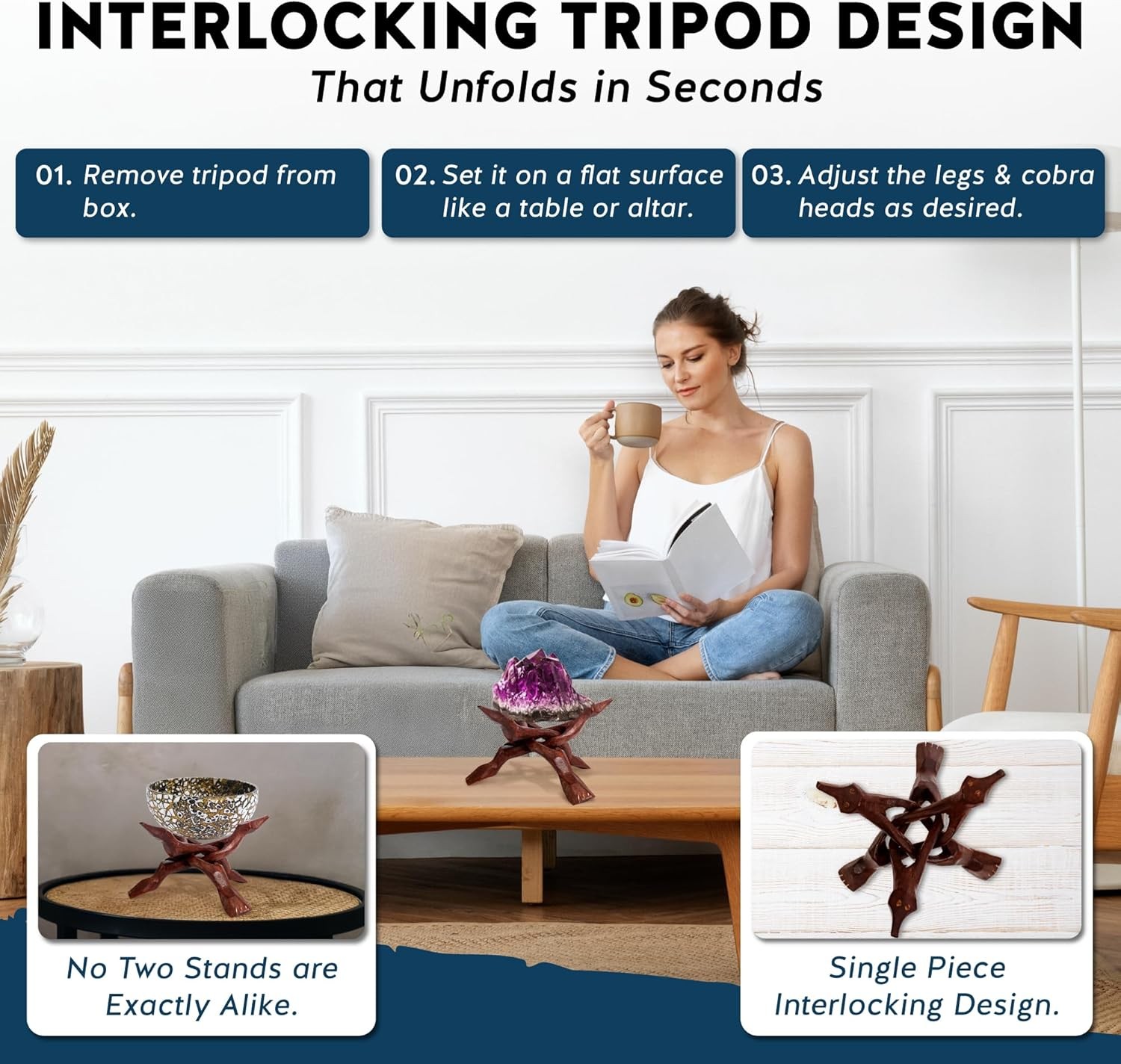 Wooden Tripod Stand – 8 Inch Display For Home Decor Abalone Shell Crystal Ball