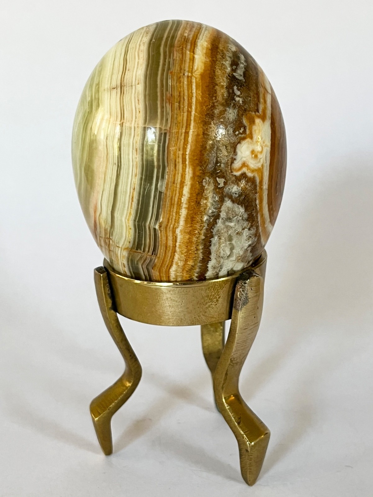 Polished Banded Onyx Stone 3″ Tall Egg on Brass Stand, Protection Stone