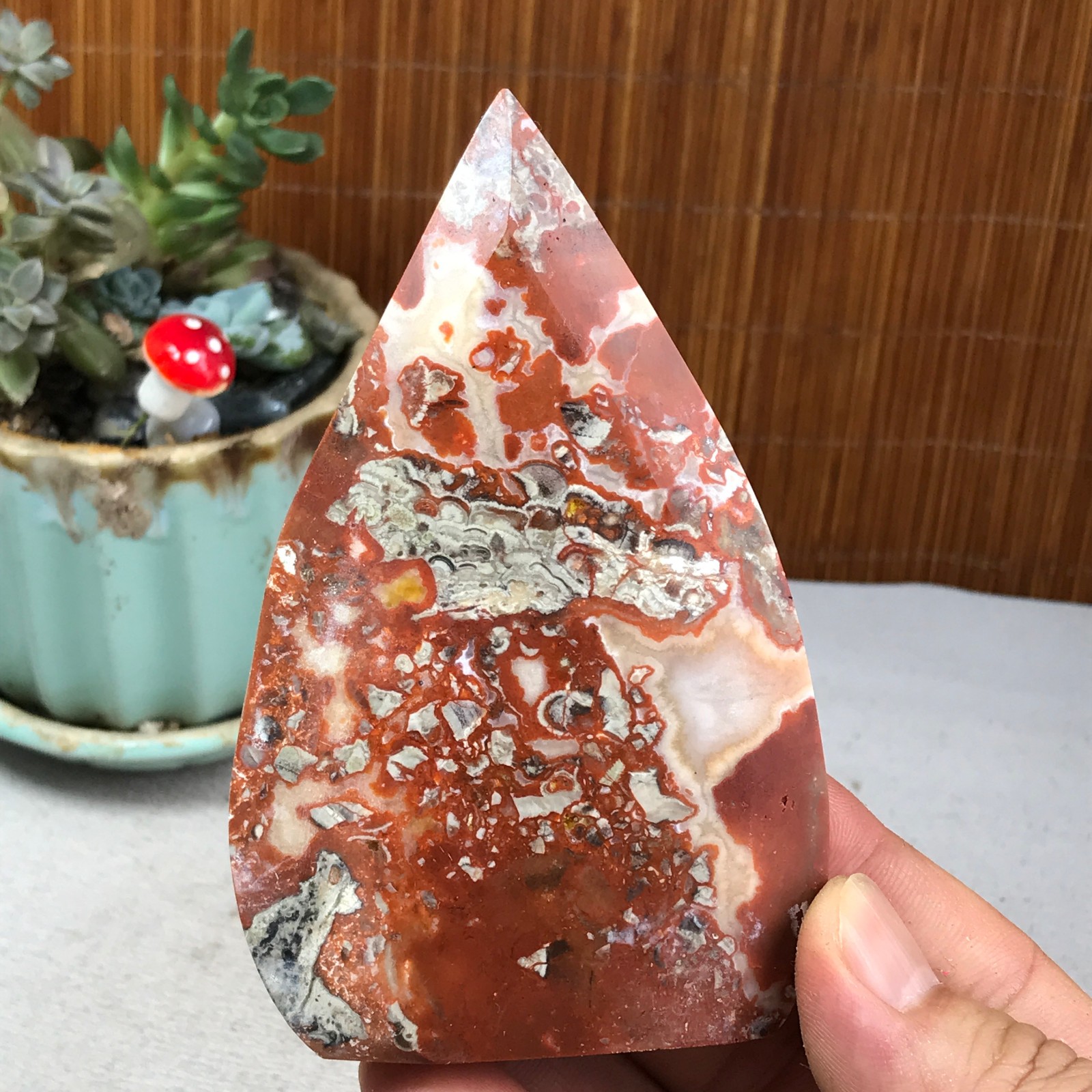 Natural money Mexico agate hand carve leaf Crystal Specimen free standing A6259