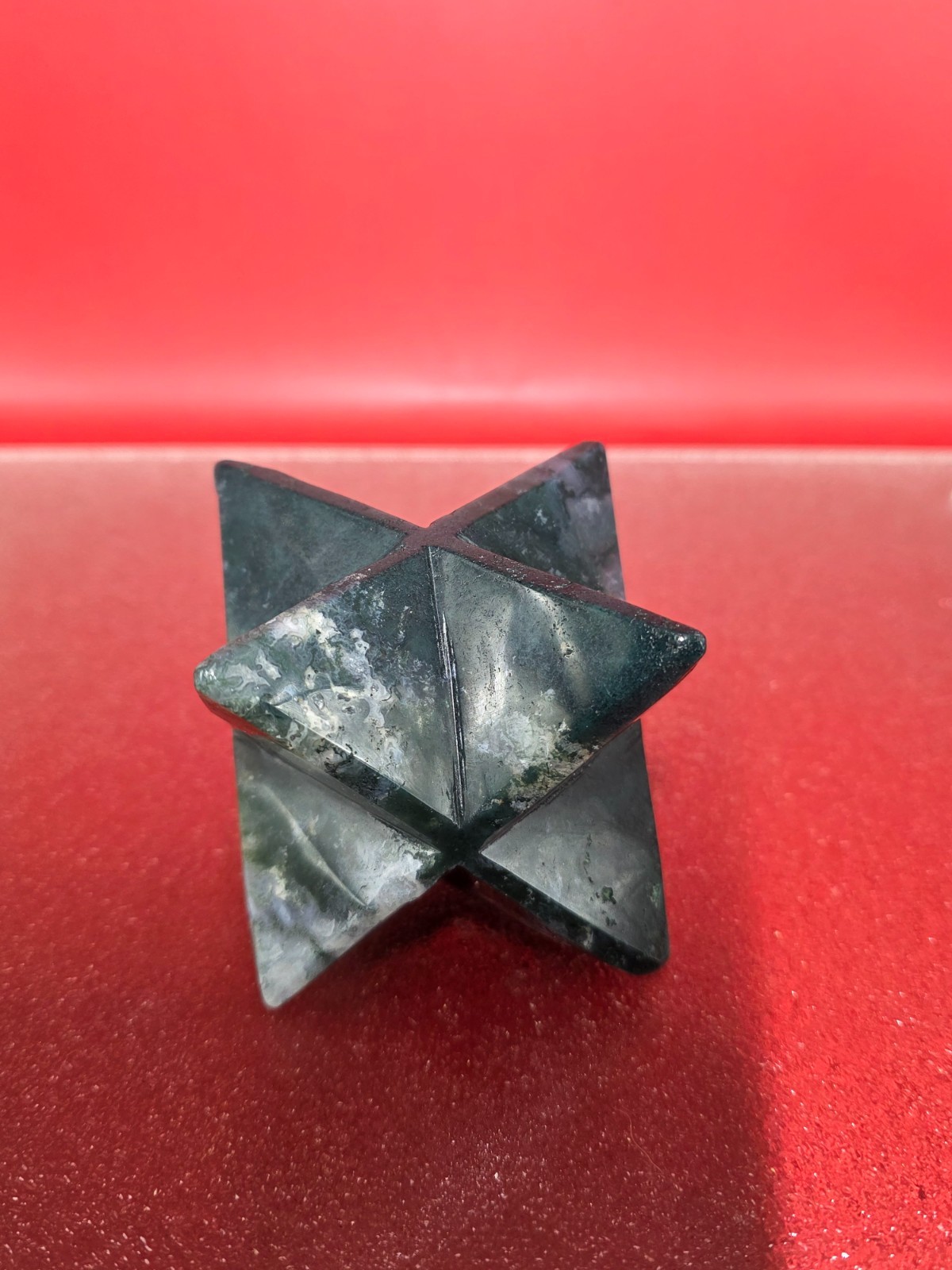 424g Moss Agate 8 Point Merkaba Star Carving Crystal Sacred Geometry Healing