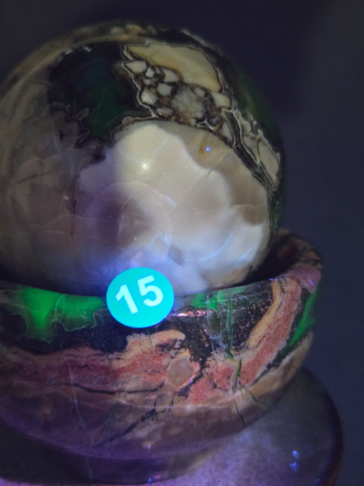 Set of (2) UV Reactive Football Agate dish/holder & Volcano sphere! G15