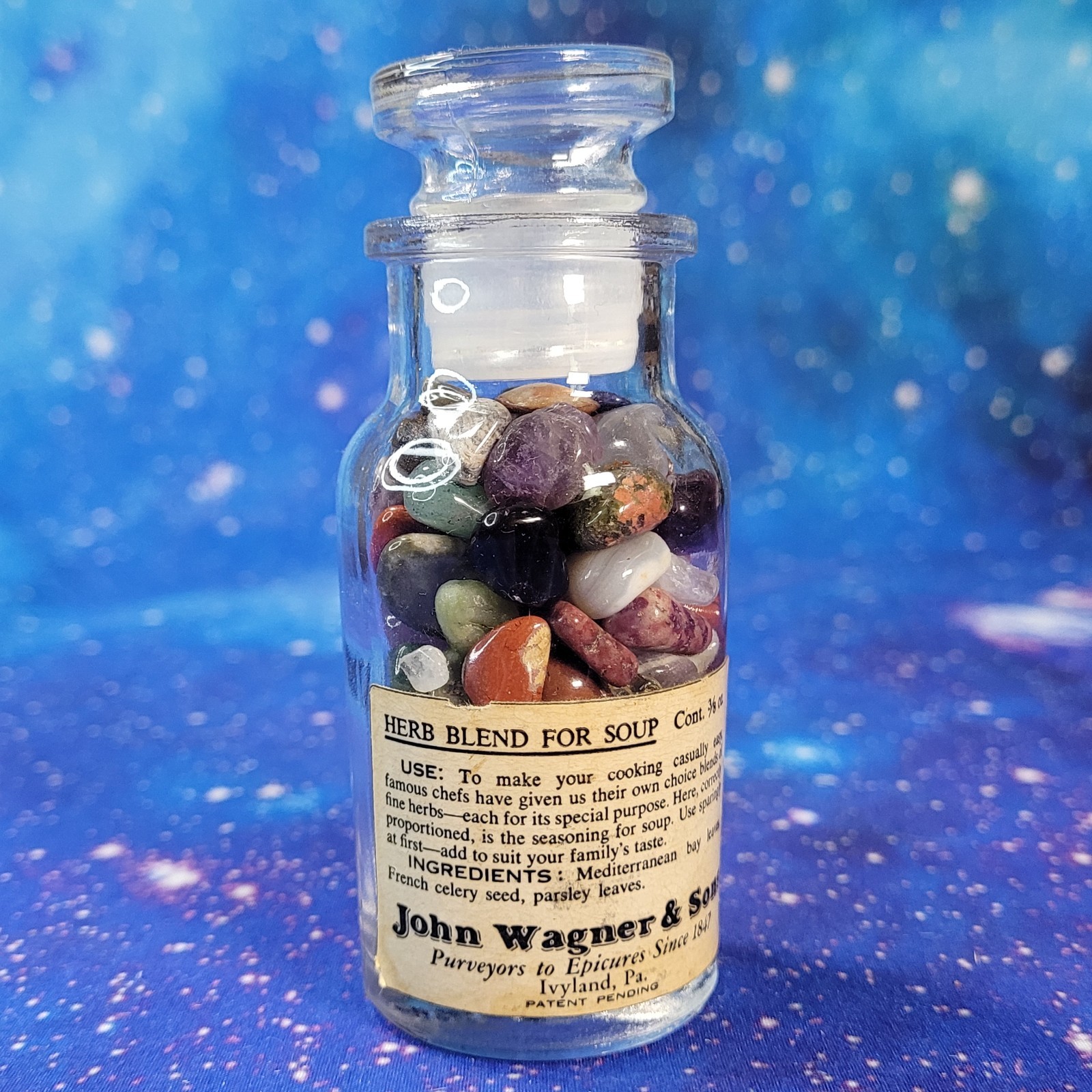 4oz Mixed Crystal Small Tumbles in Vintage Apothecary Glass Jar Wagner Spice