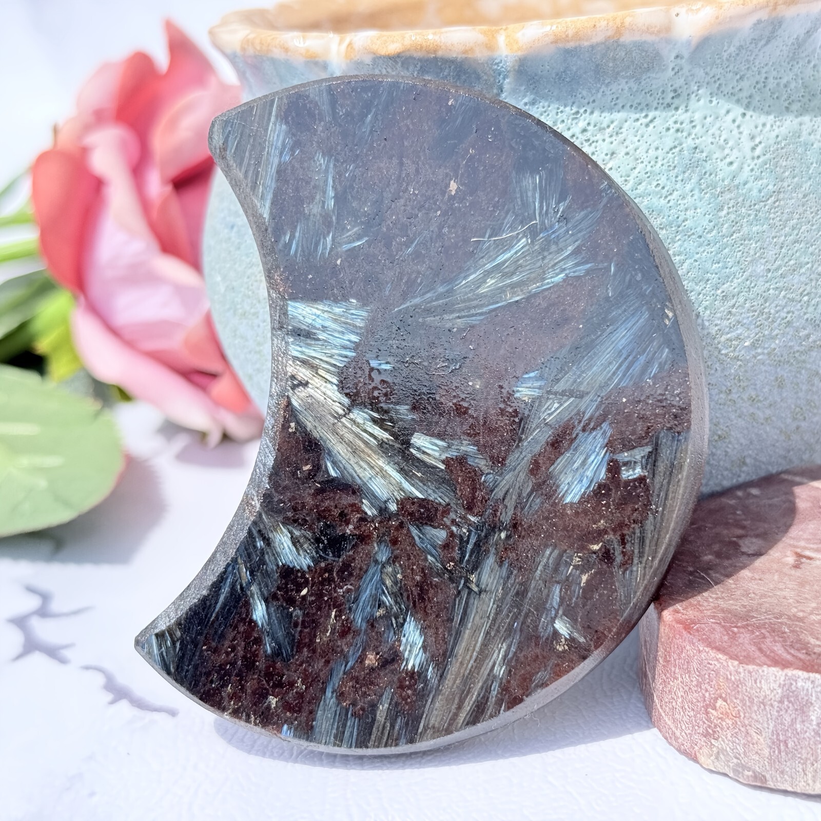 Natural Moon Arfvedsonite Fireworks Quartz Carving Reiki Mineral Home Decoration