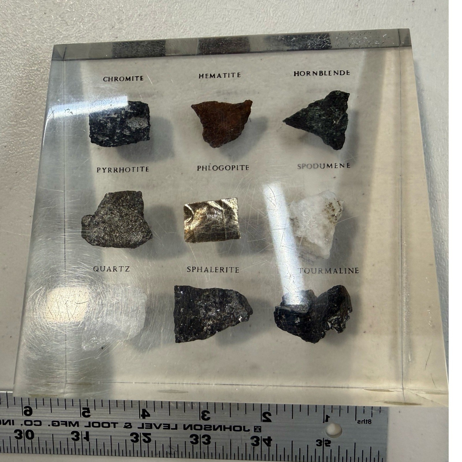 Vintage Lucite Mineral Specimen Paperweight 9 Rocks Quartz Hematite Collection