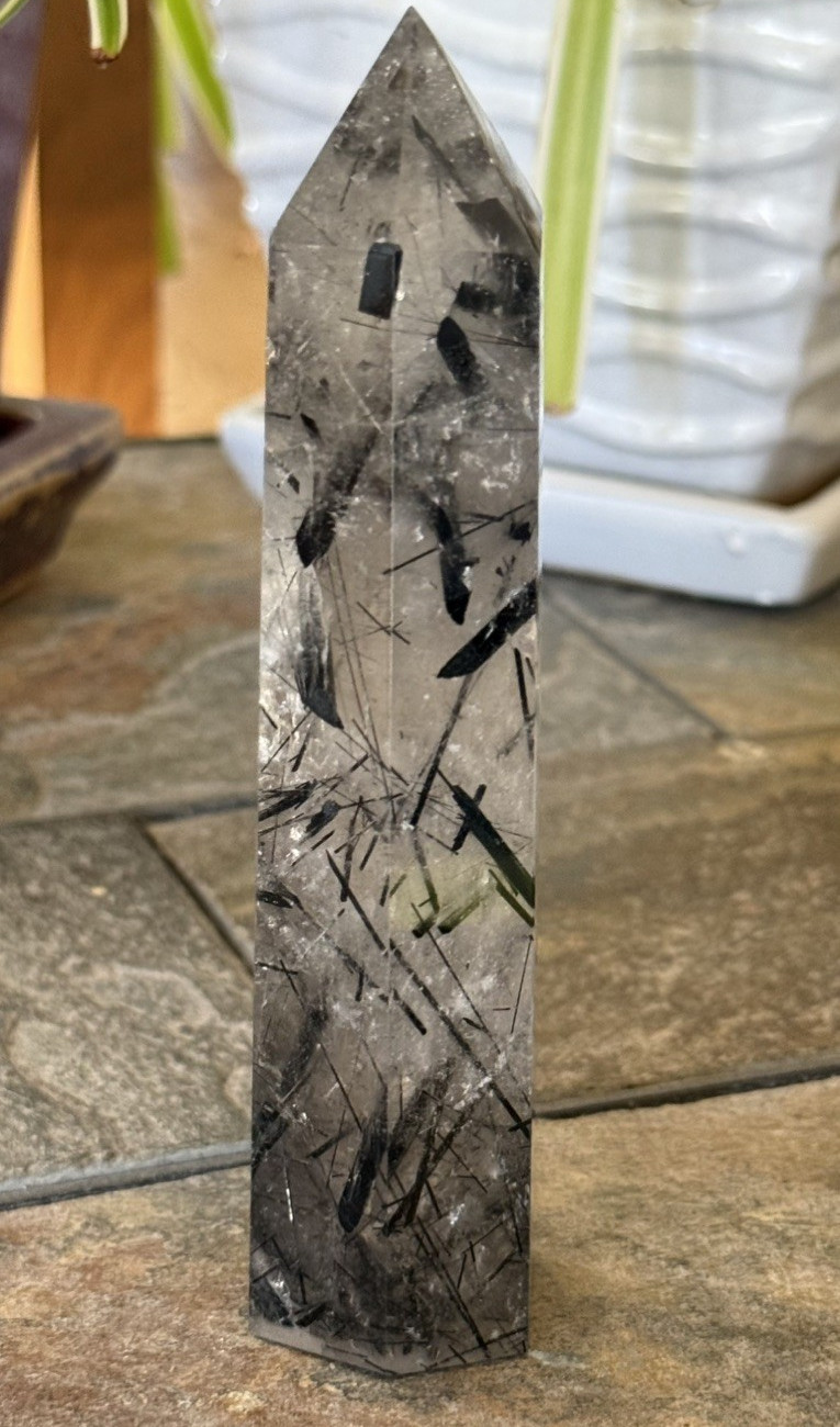 Natural Black Tourmaline in Quartz Tower Polished Crystal Point Collector, 6 “