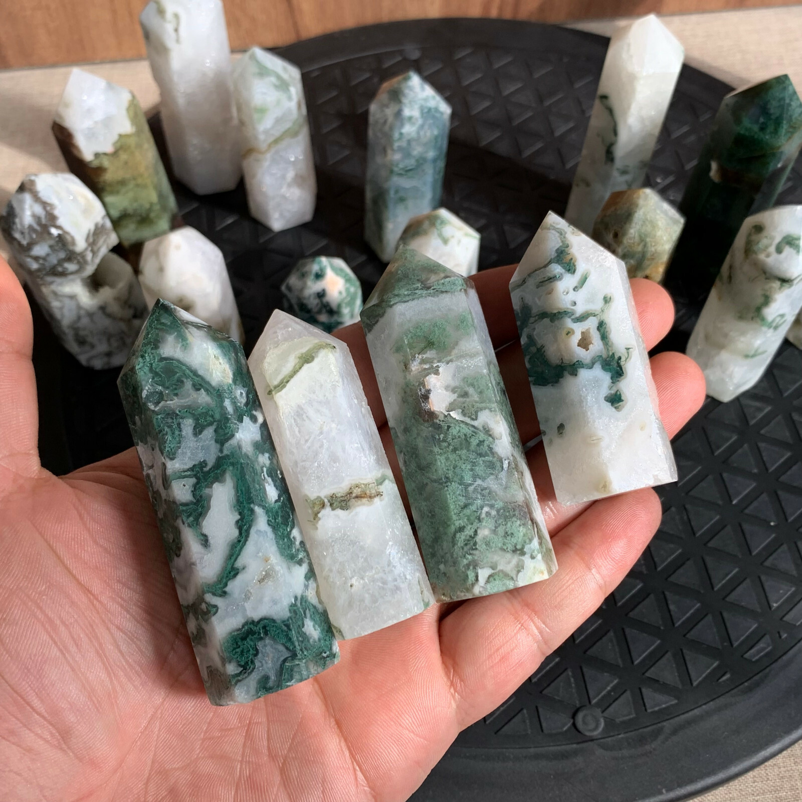 10pcs natural moss agate quartz obelisk crystal wand point healing 40-75mm