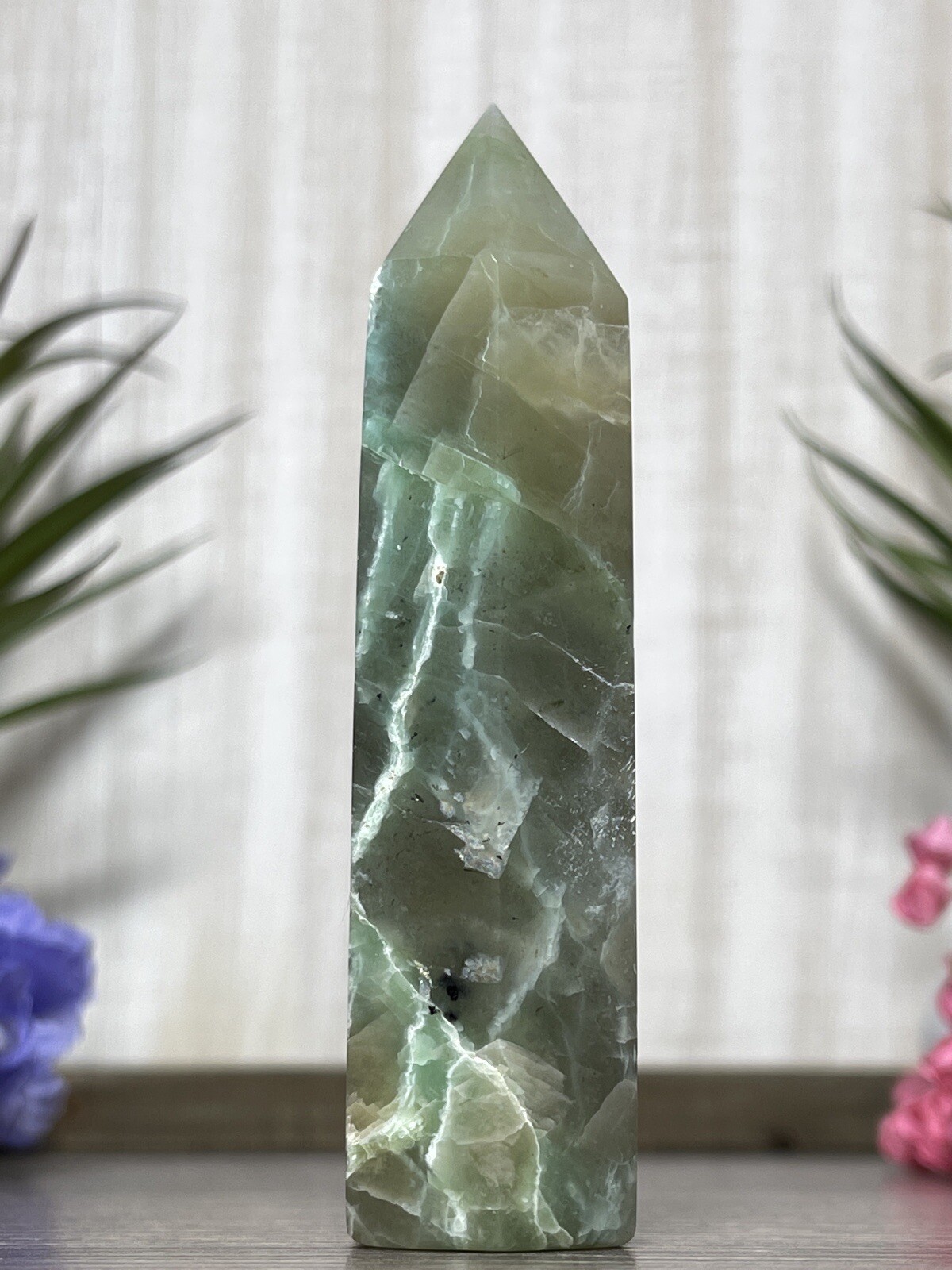 GREEN MOONSTONE TOWER – Blue Flash Garnierite Crystal Mineral Point Witch Wiccan