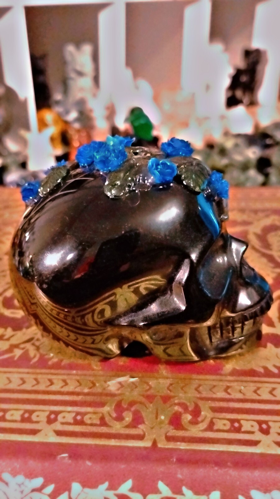 Obsidian Blue Flower Skull