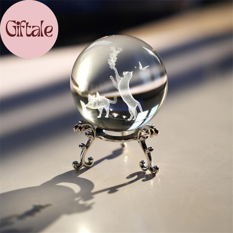 60Mm Crystal Ball with Stand – Laser Engraved Cat Sphere 3D Glass Ornament & Pap