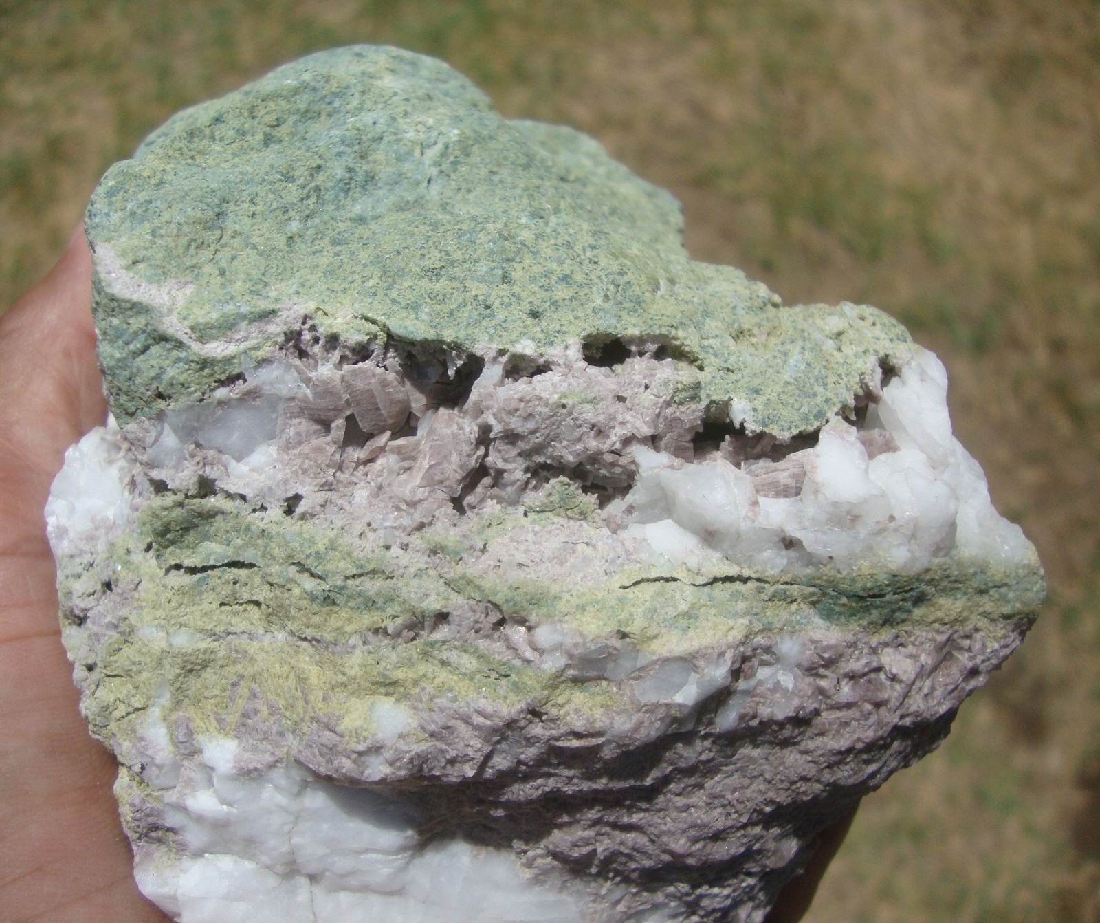 Light purple Axinite, green Epidote, and white Quartz, Stanislaus Co., CA