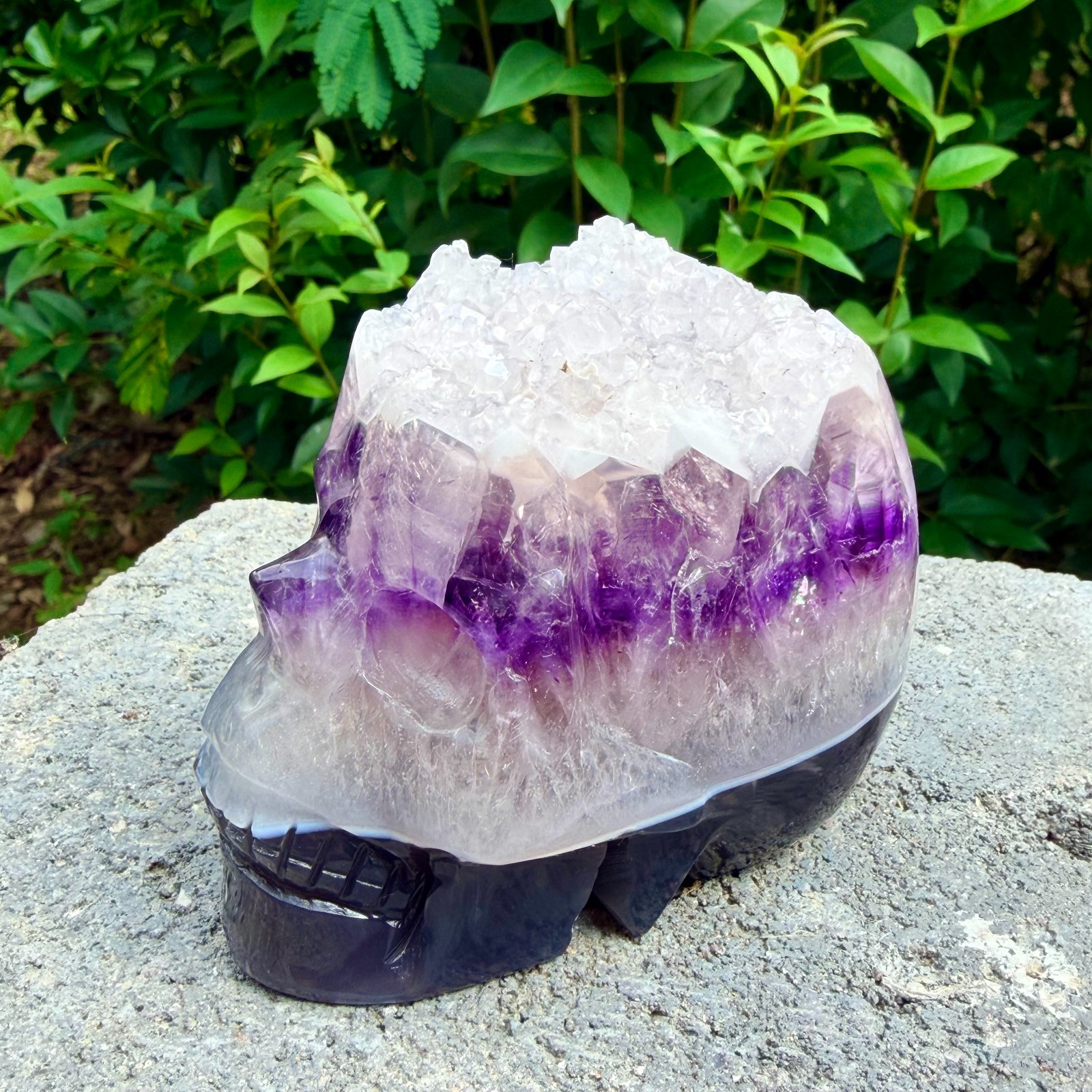 653g Amethyst agate crystal cave skull, Rare hand carved skull specimen
