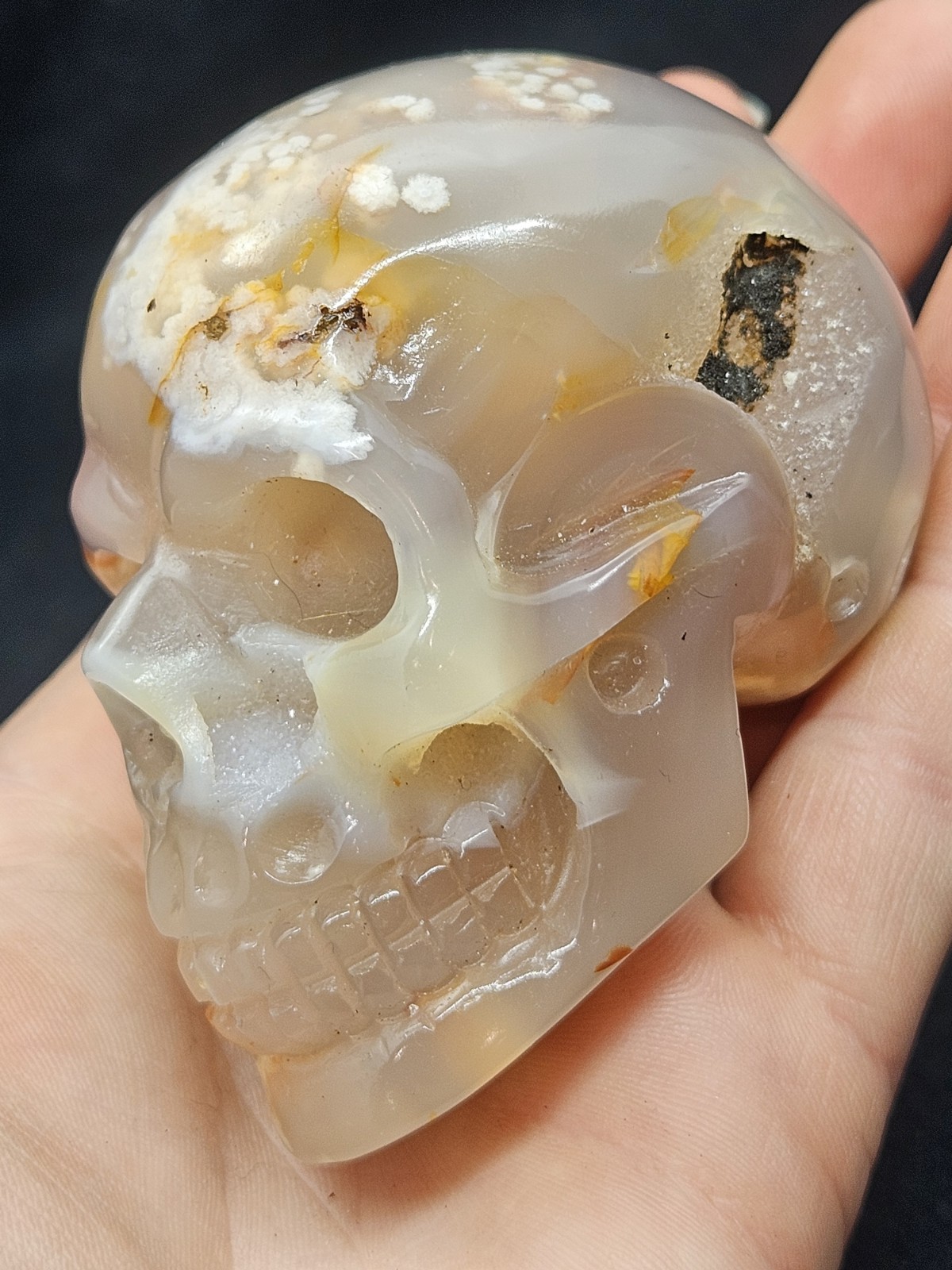 Hand-Carved Flower Agate Crystal Skull – 3.5″ Polished Cherry Blossom Agate