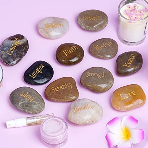 12 Pcs Inspirational Stones Engraved Words Rock Encouragement Amulets Gift