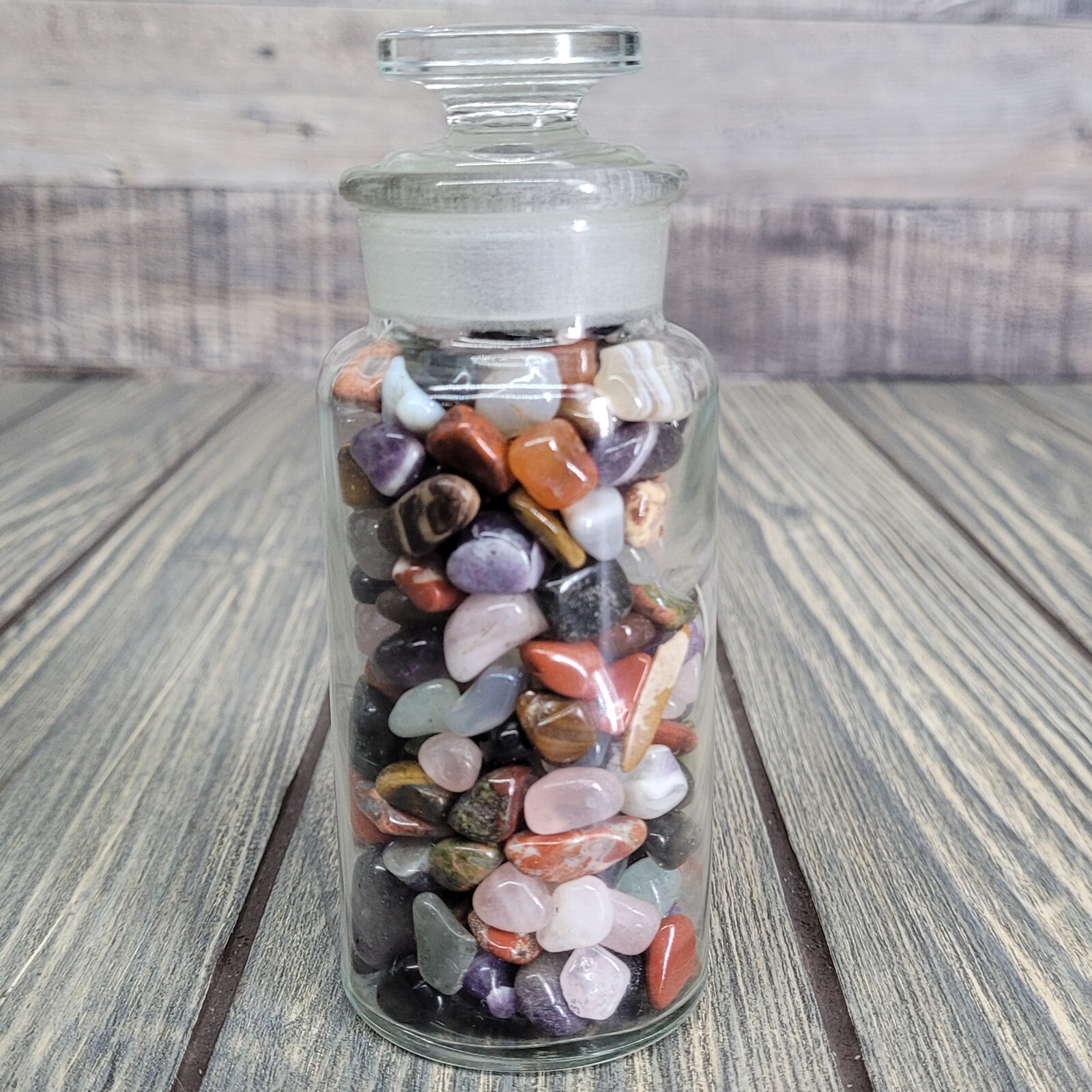 8oz Mixed Crystals in Vintage Chemist Apothecary TCW Glass Jar Small Tumbles EUC