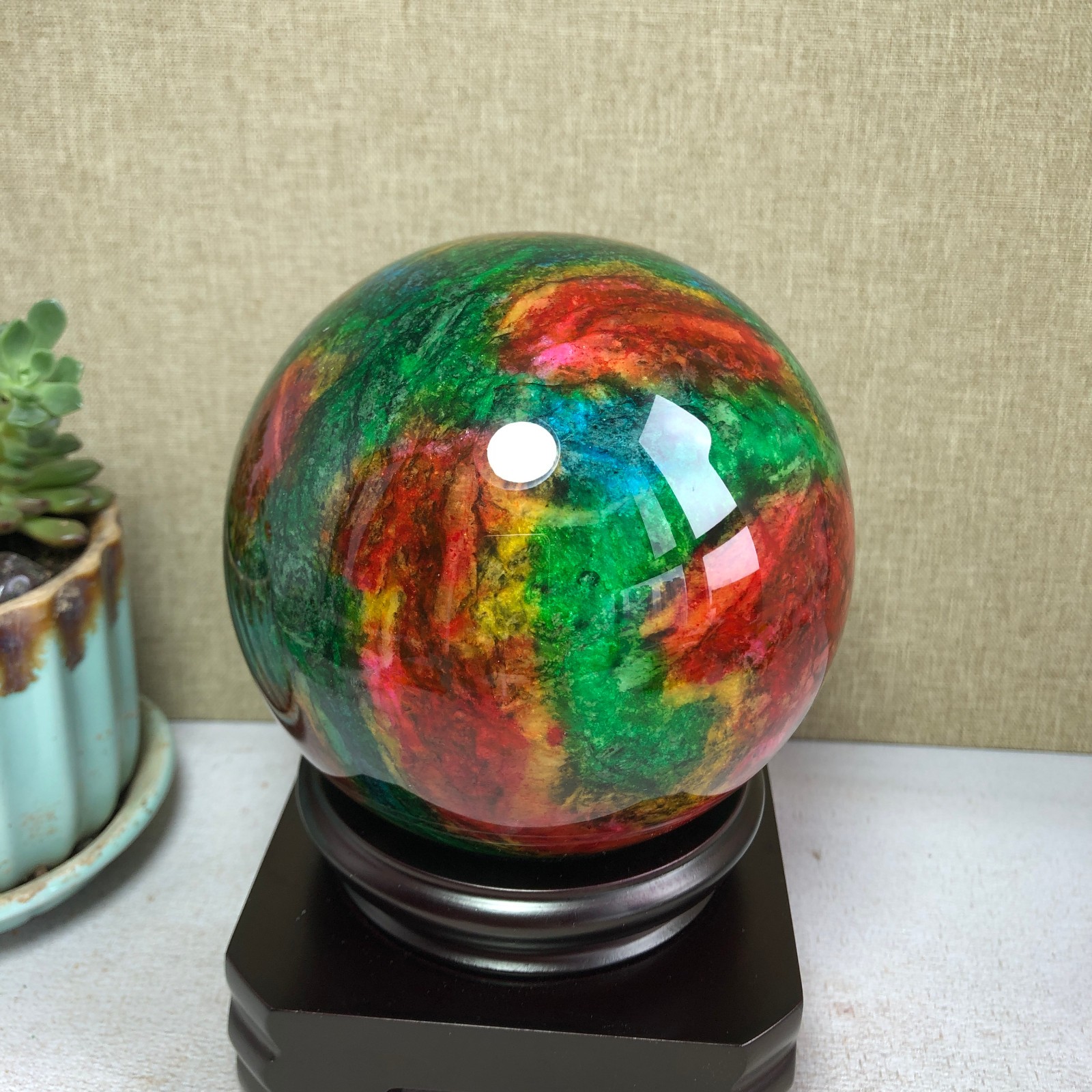 Natural “Seven Colors Jade” sphere flat bottom specimen Taiwan China 99mm A4581