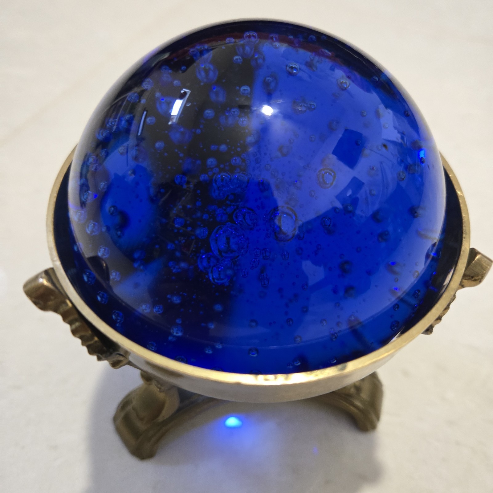 COBALT BLUE CRYSTAL GLASS BALL with BRASS STAND Fortune SPHERE Bubbles
