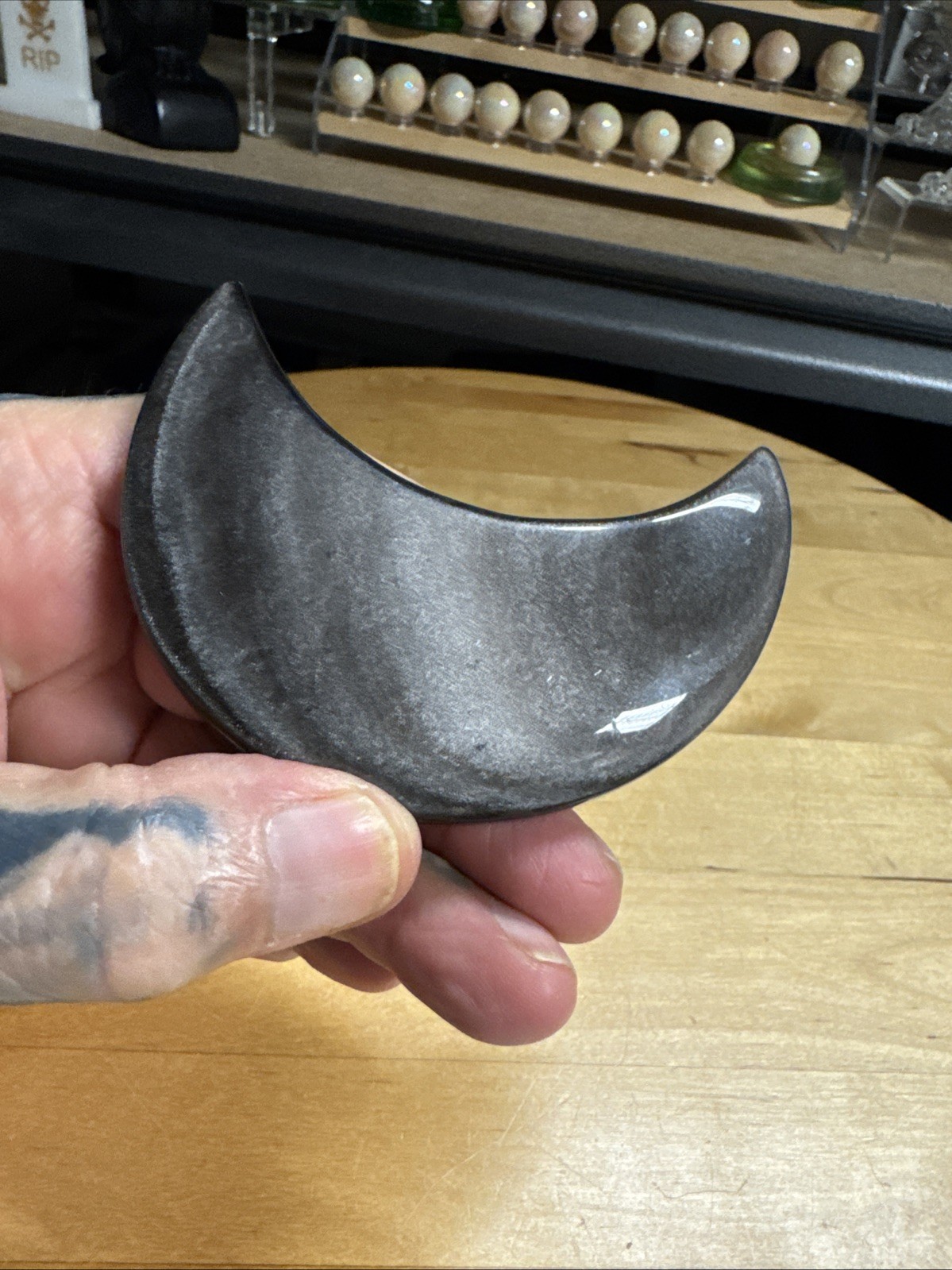 6703 Obsidian Silver Sheen Moon Stand Not Included 2.0”T 3.4”W .6”Th Wt. 4 Oz.