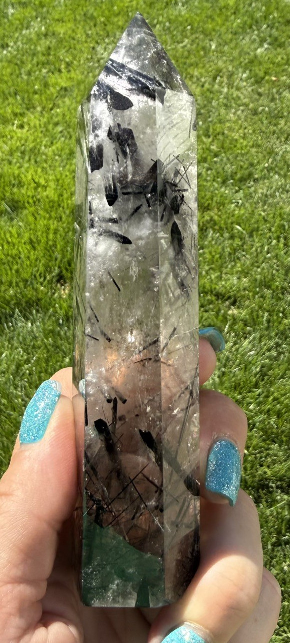 Natural Black Tourmaline in Quartz Tower Polished Crystal Point Collector, 6 “