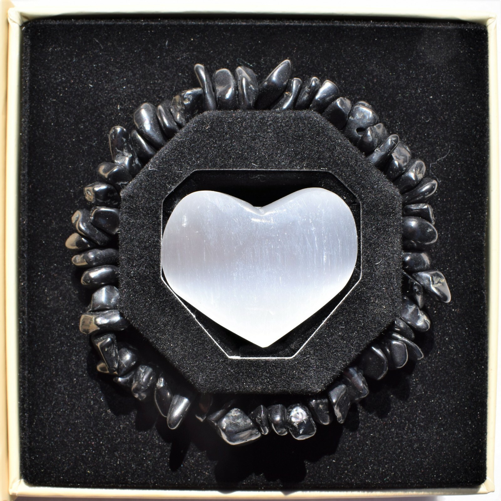 CHARGED Natural Black Tourmaline Crystal Chip Stretchy Bracelet + Selenite Heart
